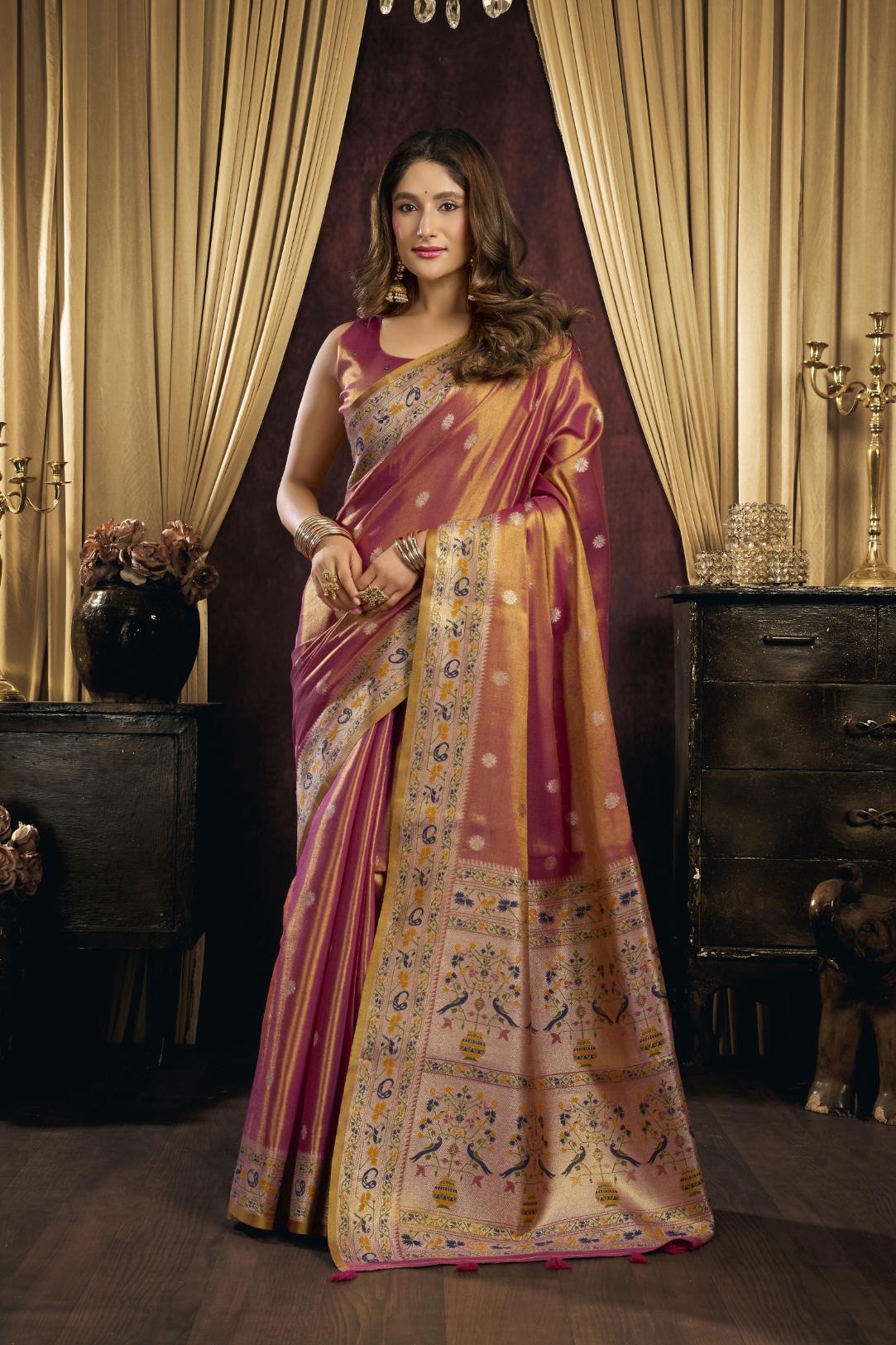 Pink Bird Motif Woven Tissue Silk Saree
