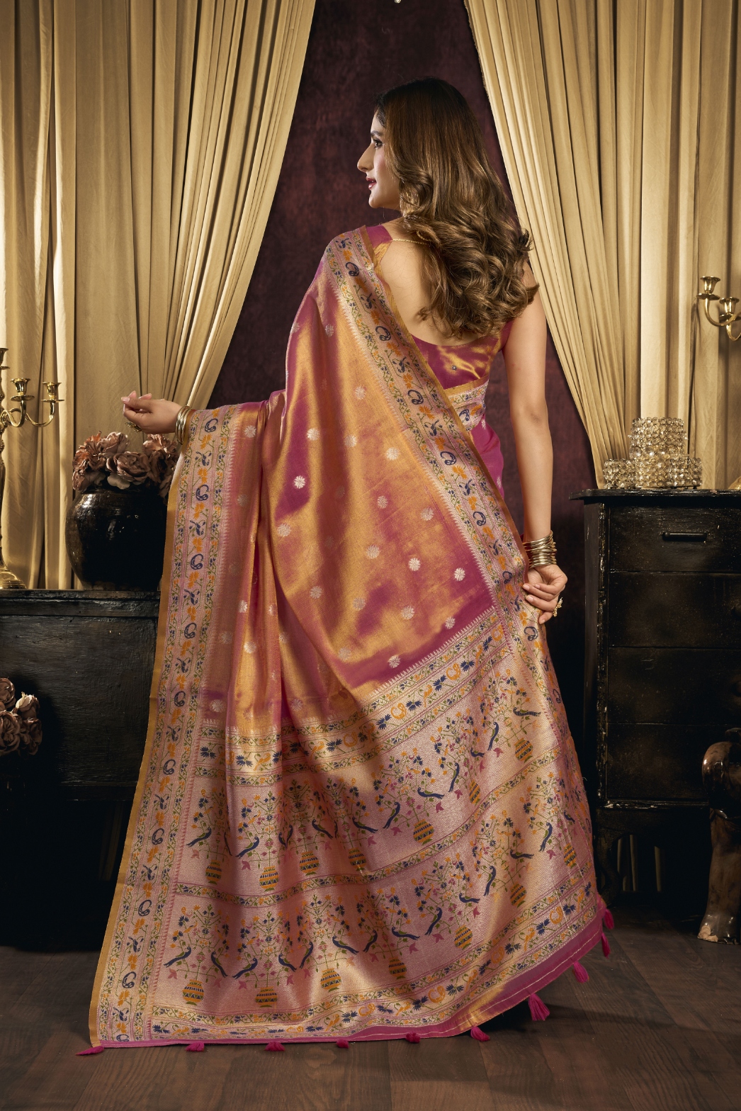 Pink Bird Motif Woven Tissue Silk Saree — alternate view