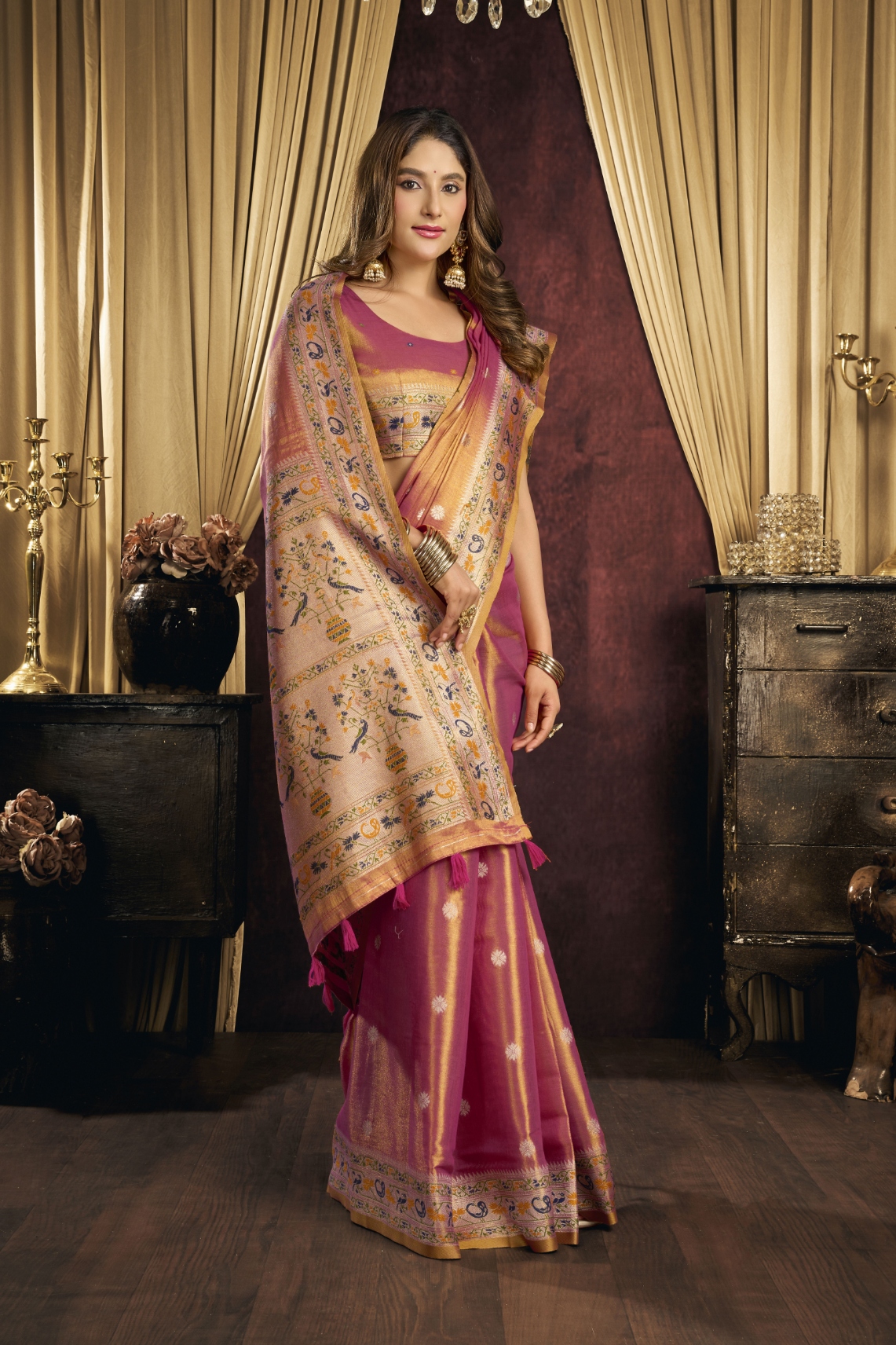 Pink Bird Motif Woven Tissue Silk Saree