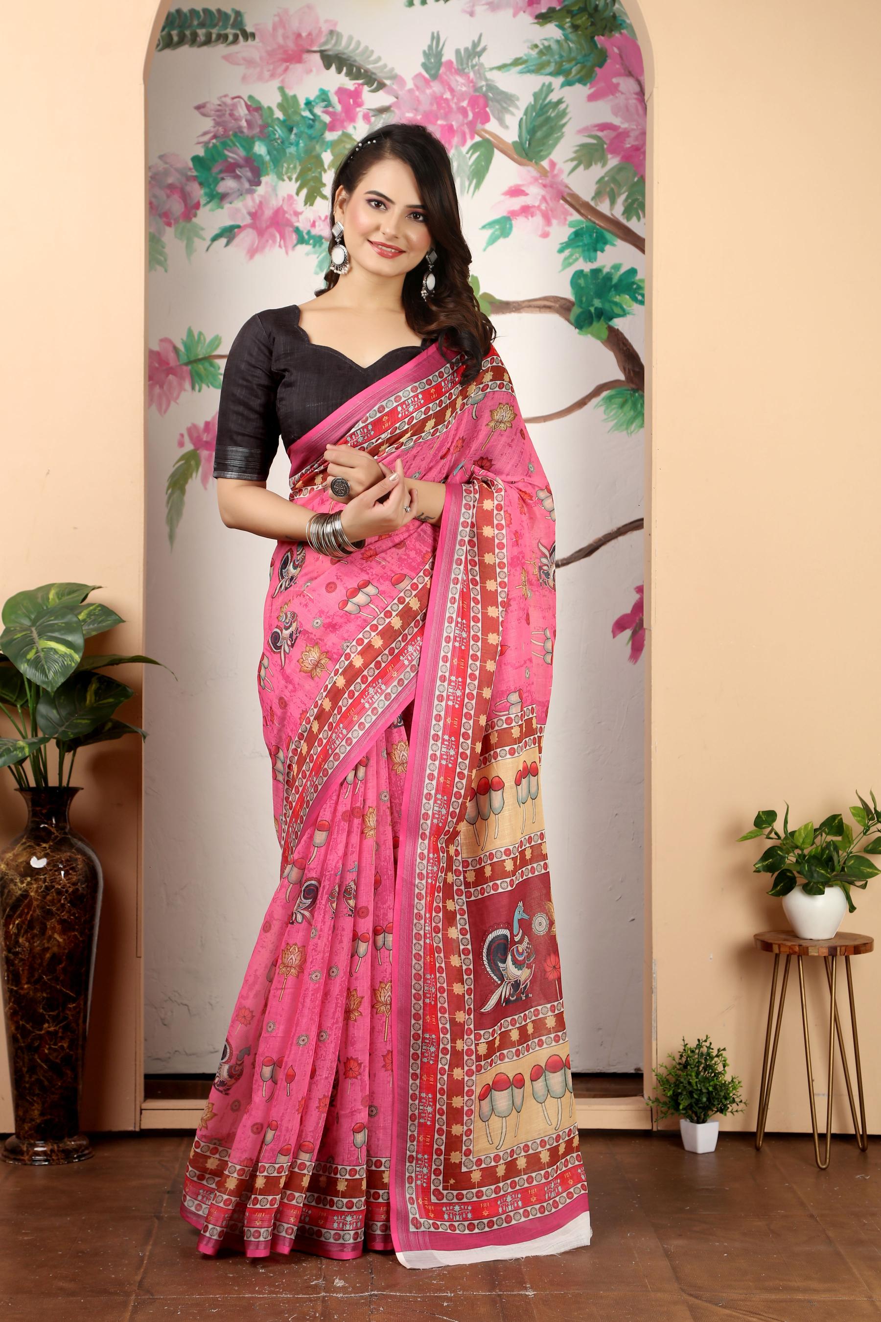 Pink Black Linen Cotton Saree