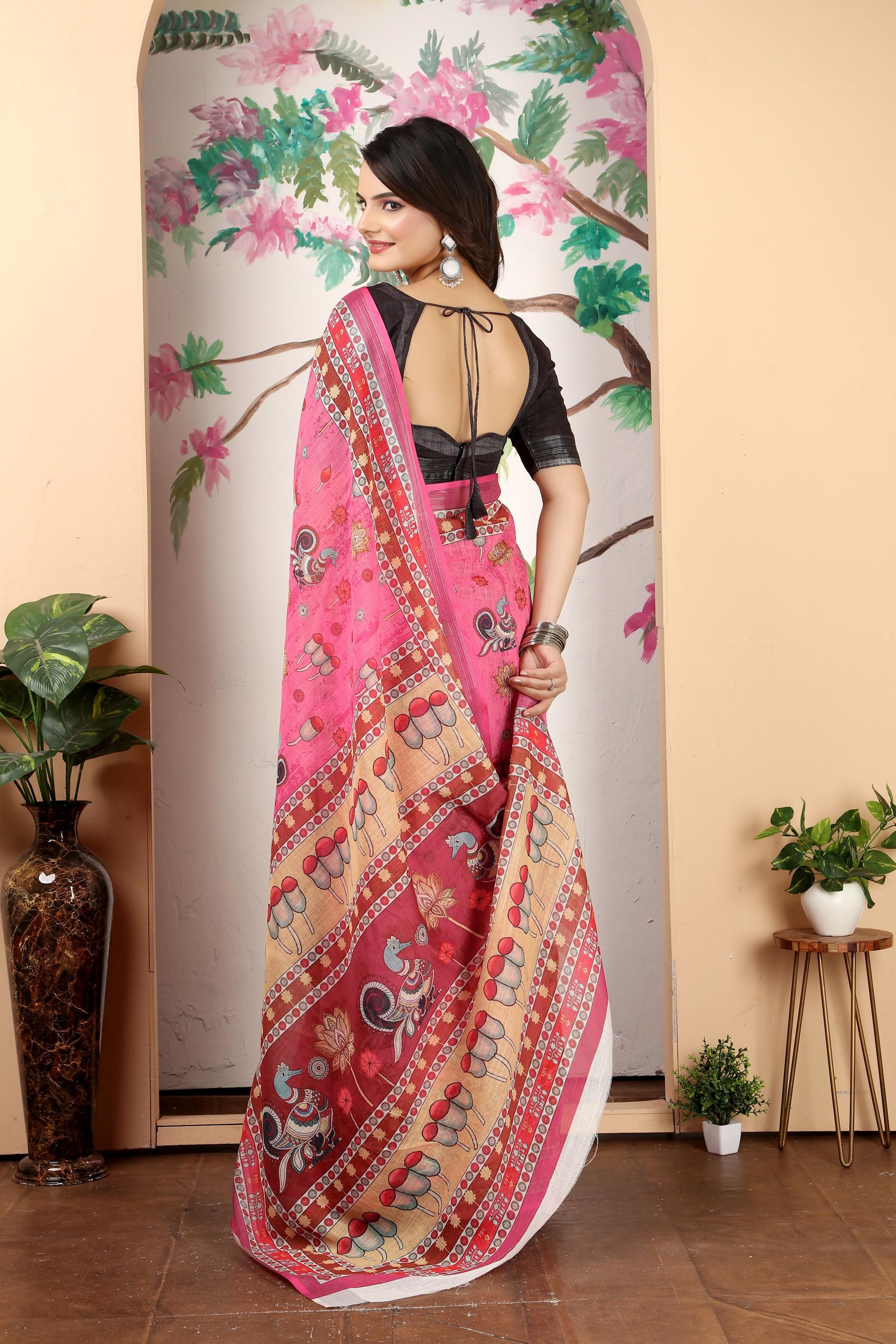 Pink Black Linen Cotton Saree — alternate view