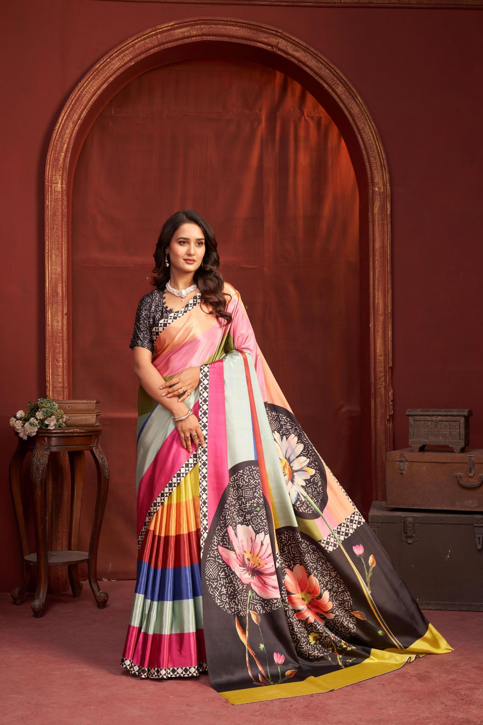 Pink Black Malai Crepe Silk Saree