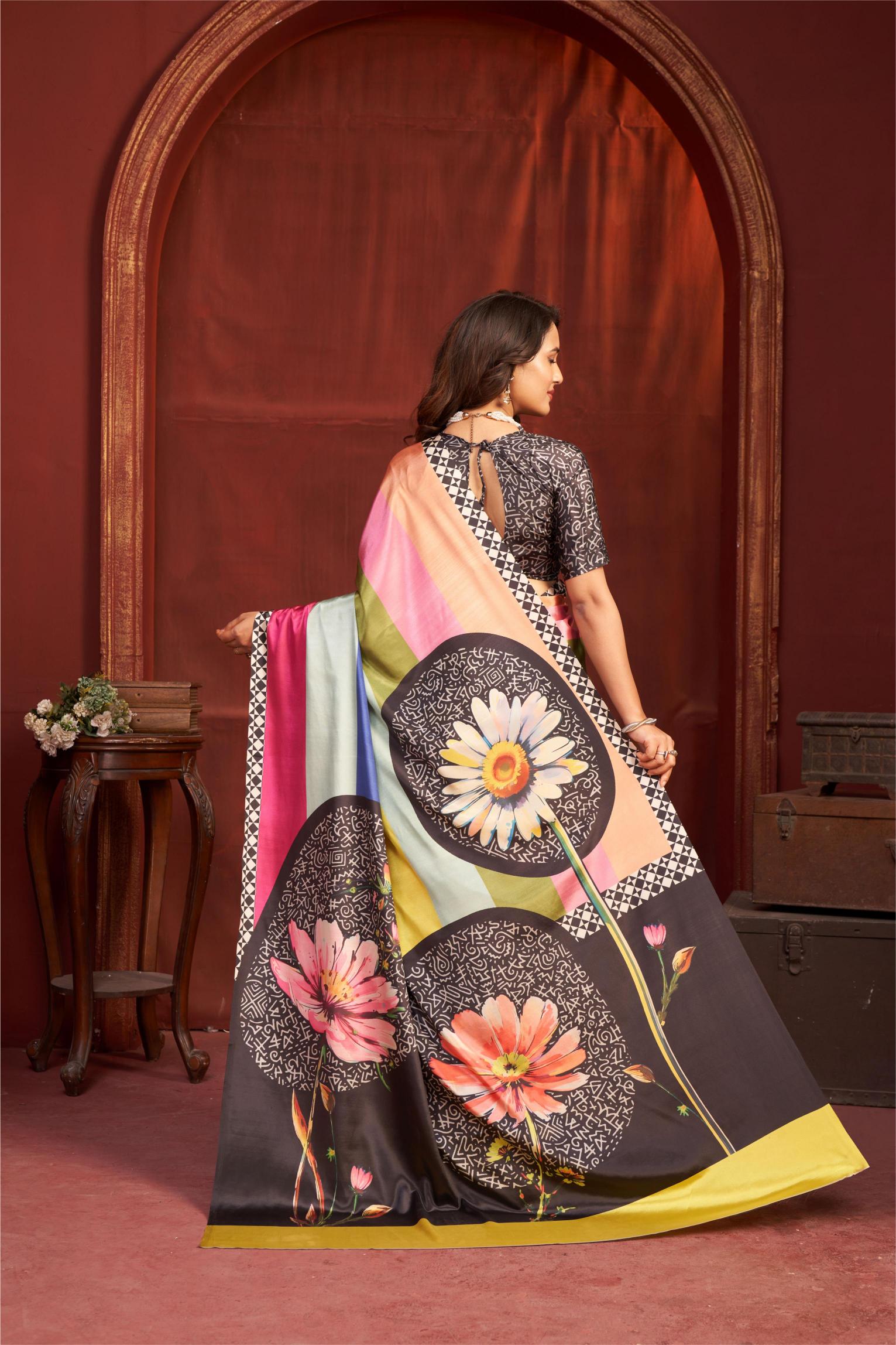 Pink Black Malai Crepe Silk Saree — alternate view