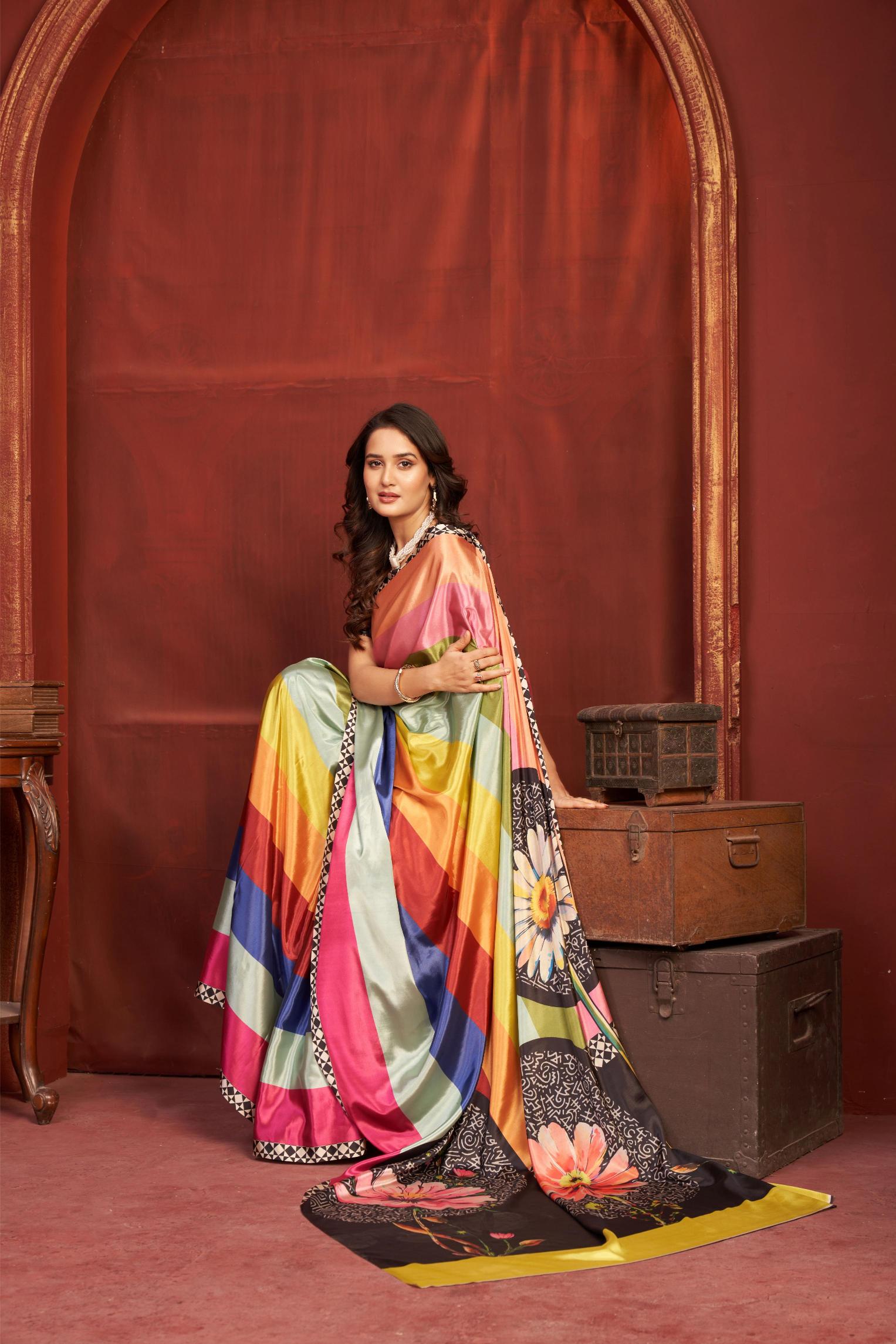 Pink Black Malai Crepe Silk Saree