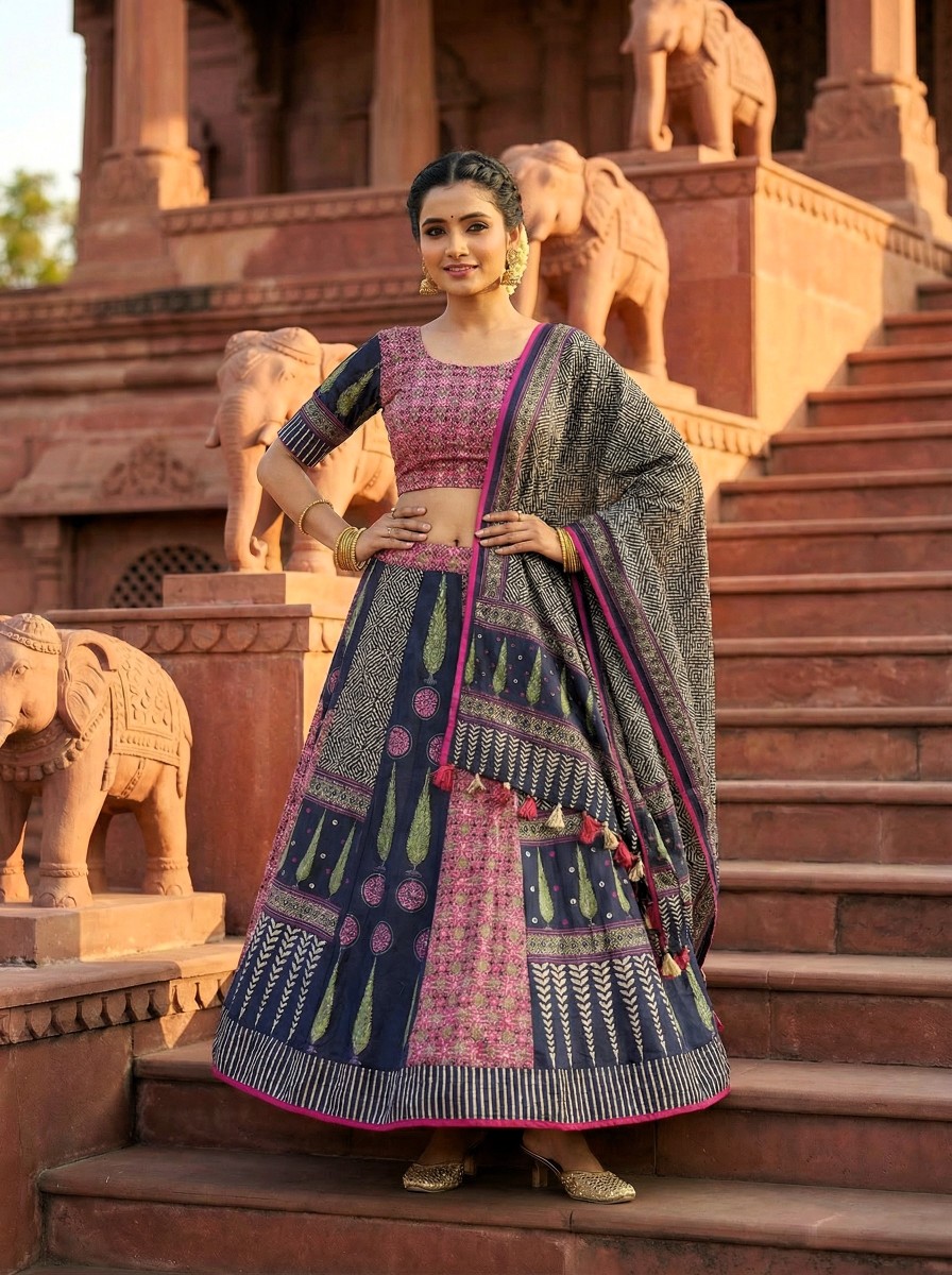 Pink Blue Designer Printed Cotton Rayon Lehenga Choli
