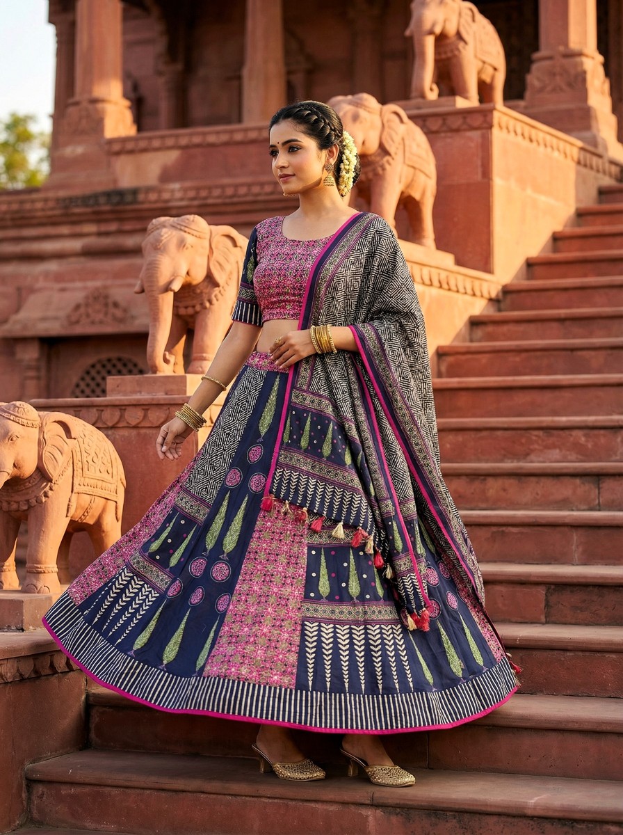 Pink Blue Designer Printed Cotton Rayon Lehenga Choli — alternate view