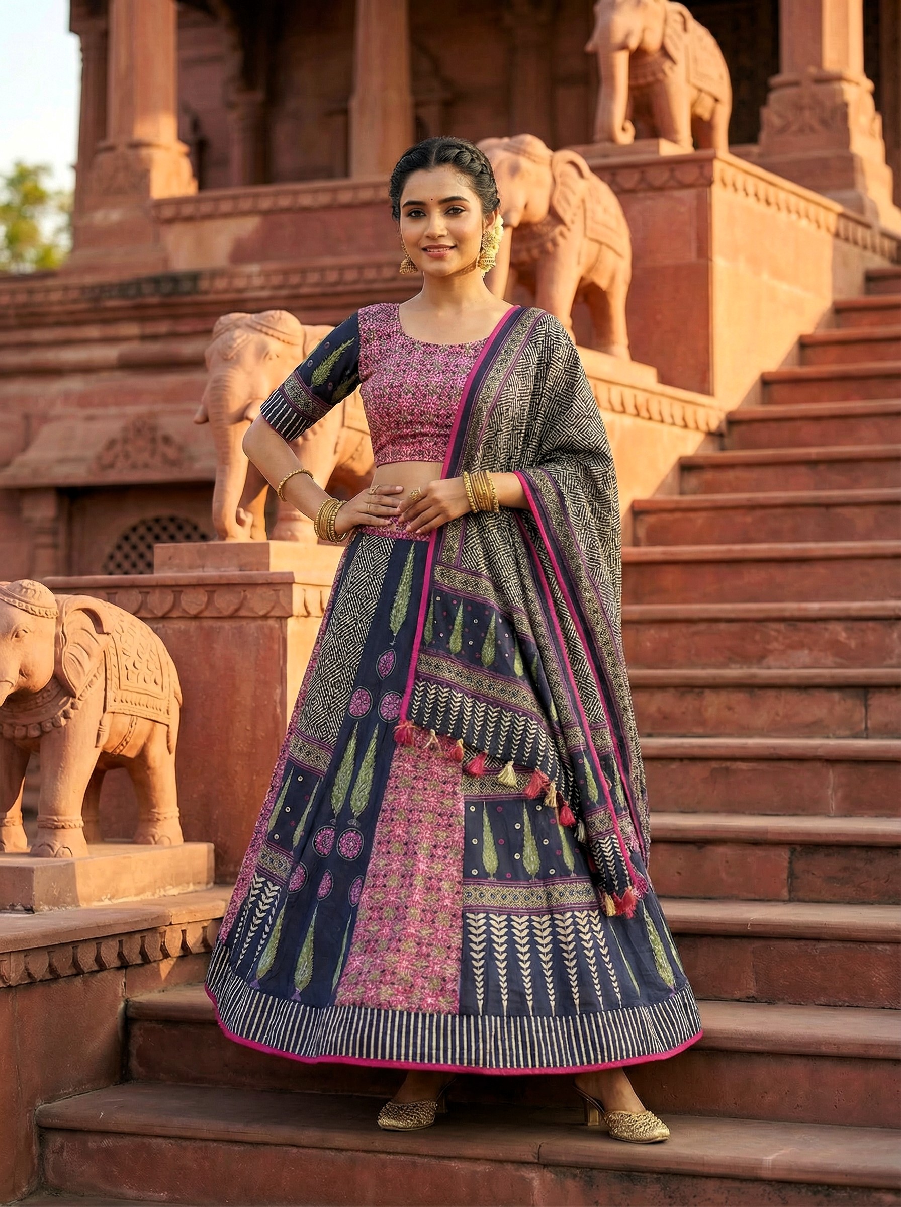 Pink Blue Designer Printed Cotton Rayon Lehenga Choli