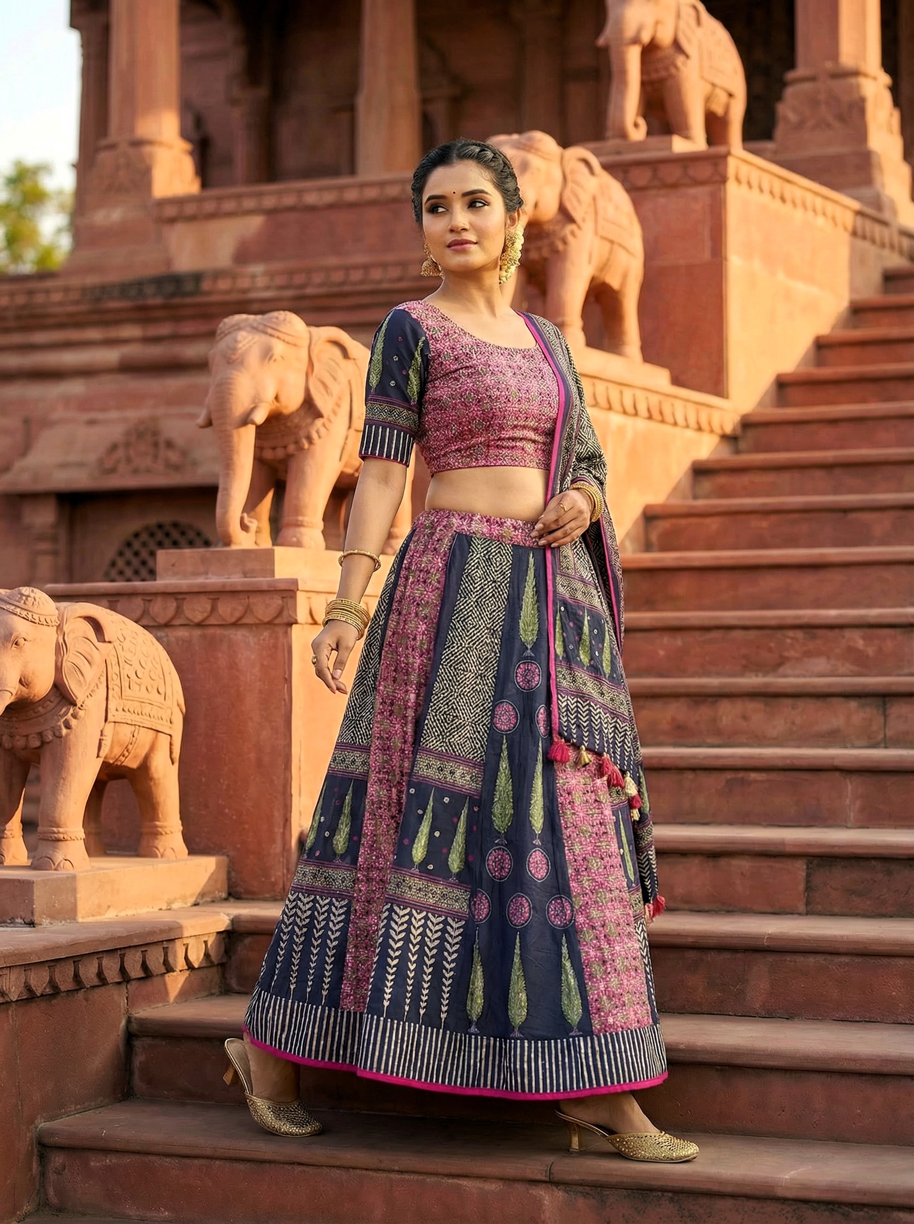 Pink Blue Designer Printed Cotton Rayon Lehenga Choli