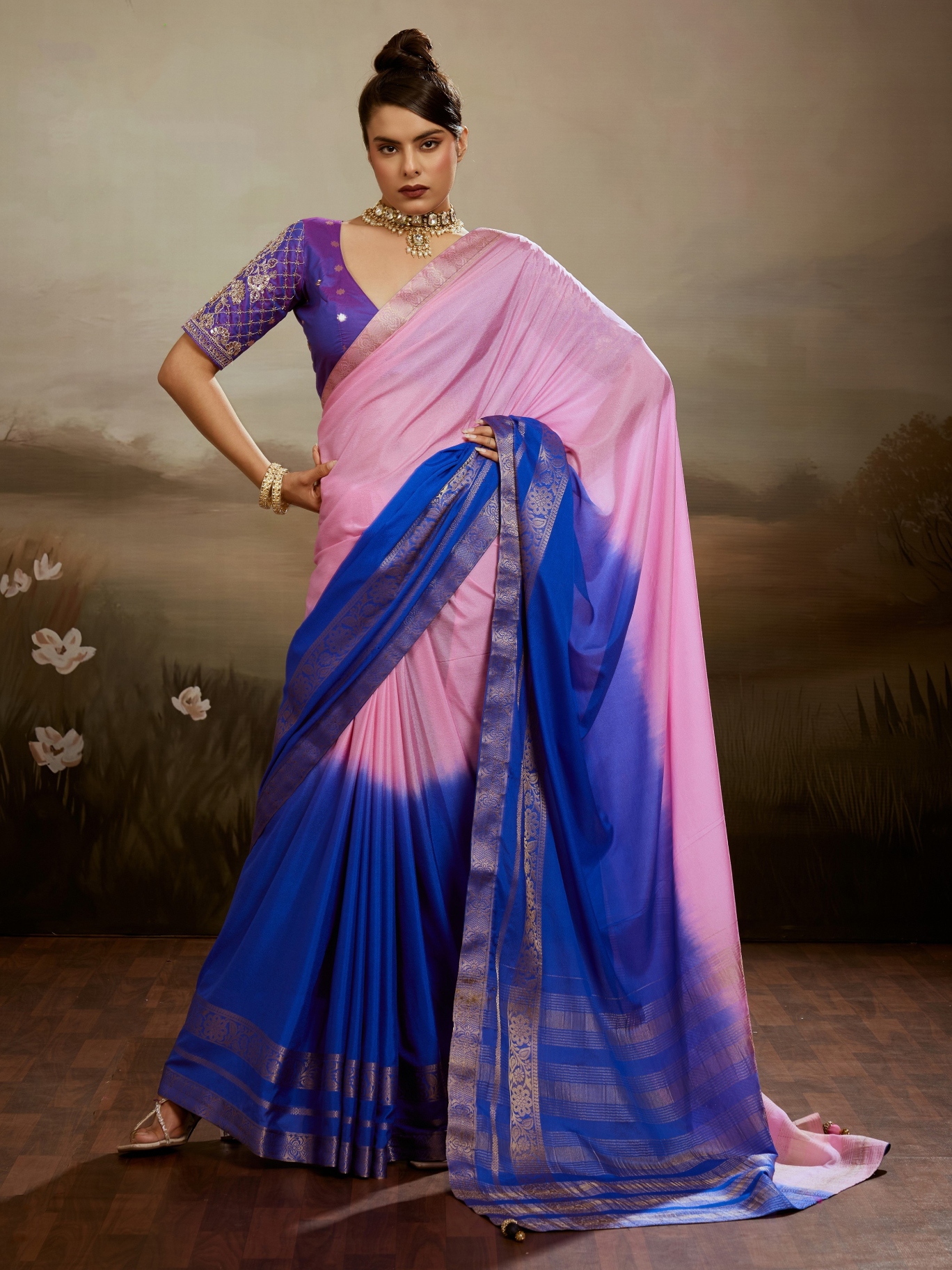 Pink Blue Floral Zari Soft Chiffon Silk Saree