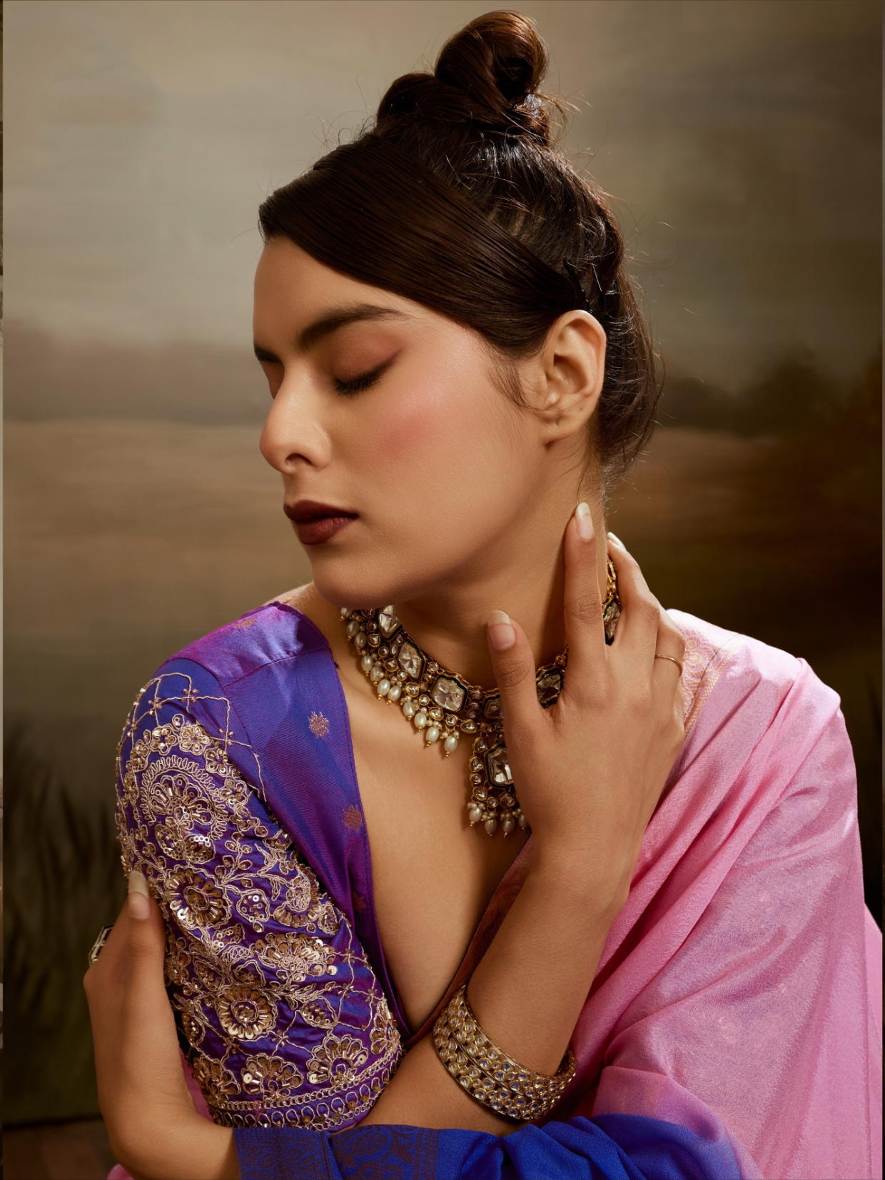 Pink Blue Zari Woven Chiffon Saree — alternate view