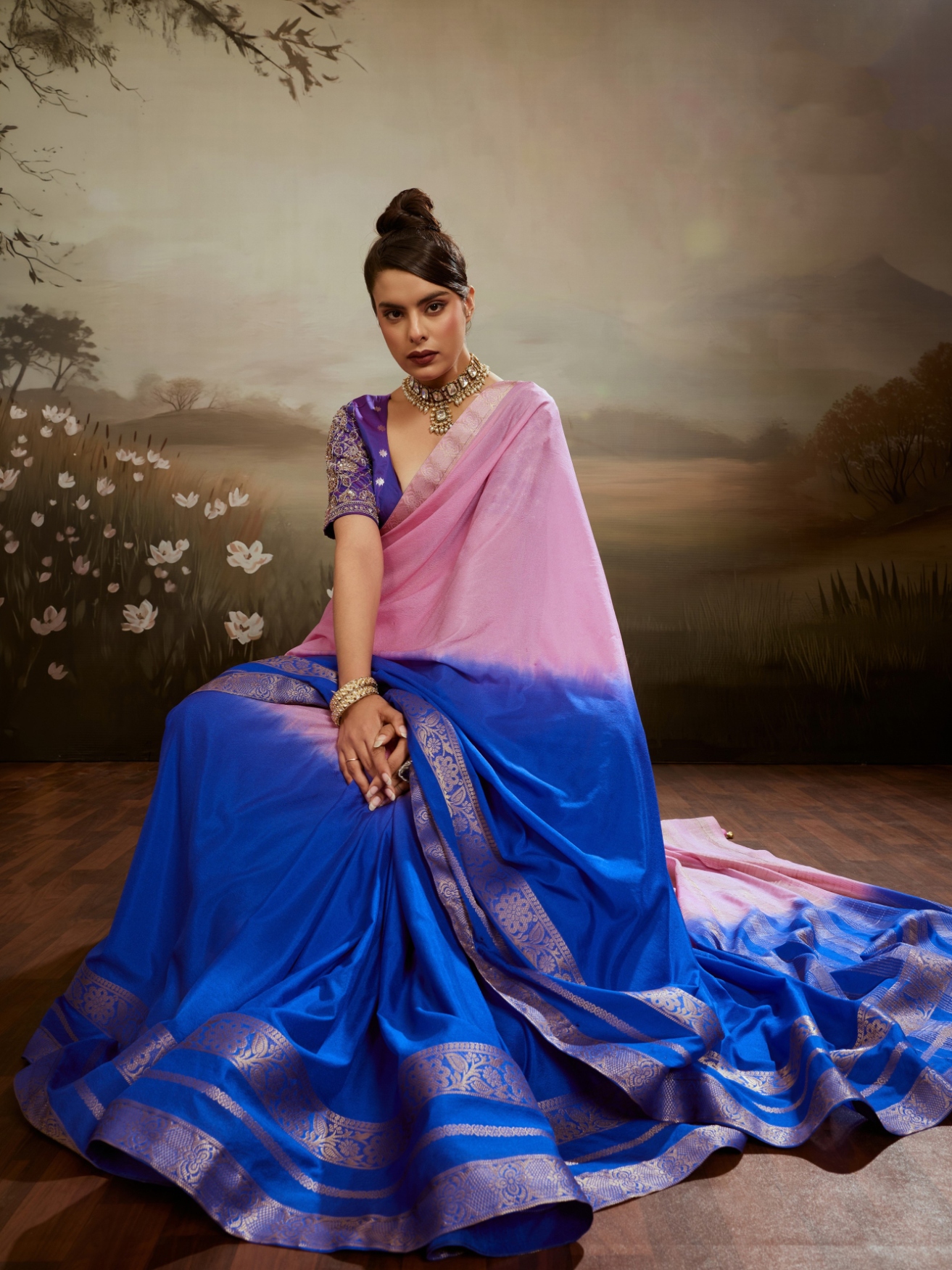 Pink Blue Zari Woven Chiffon Saree