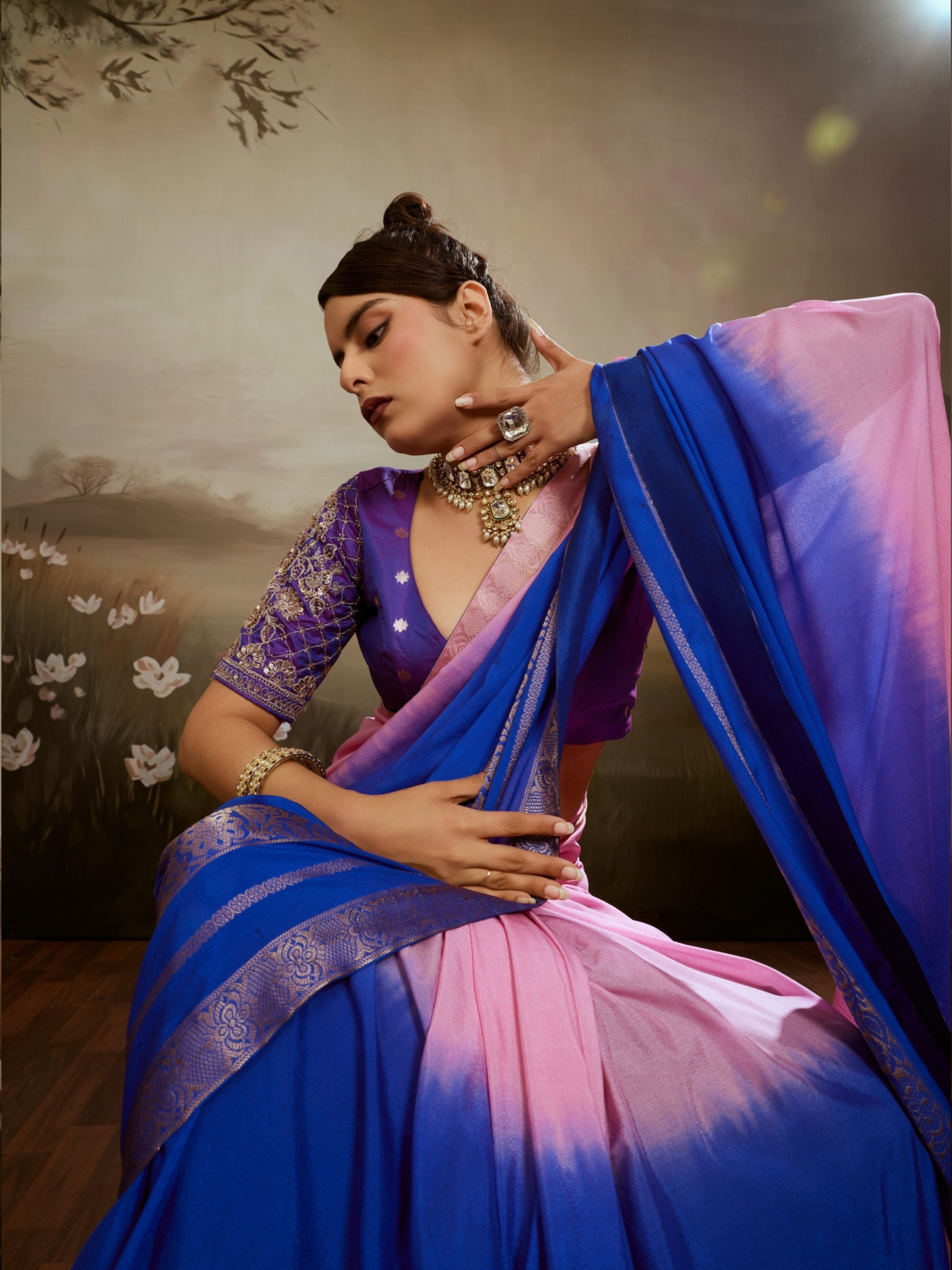 Pink Blue Zari Woven Chiffon Saree