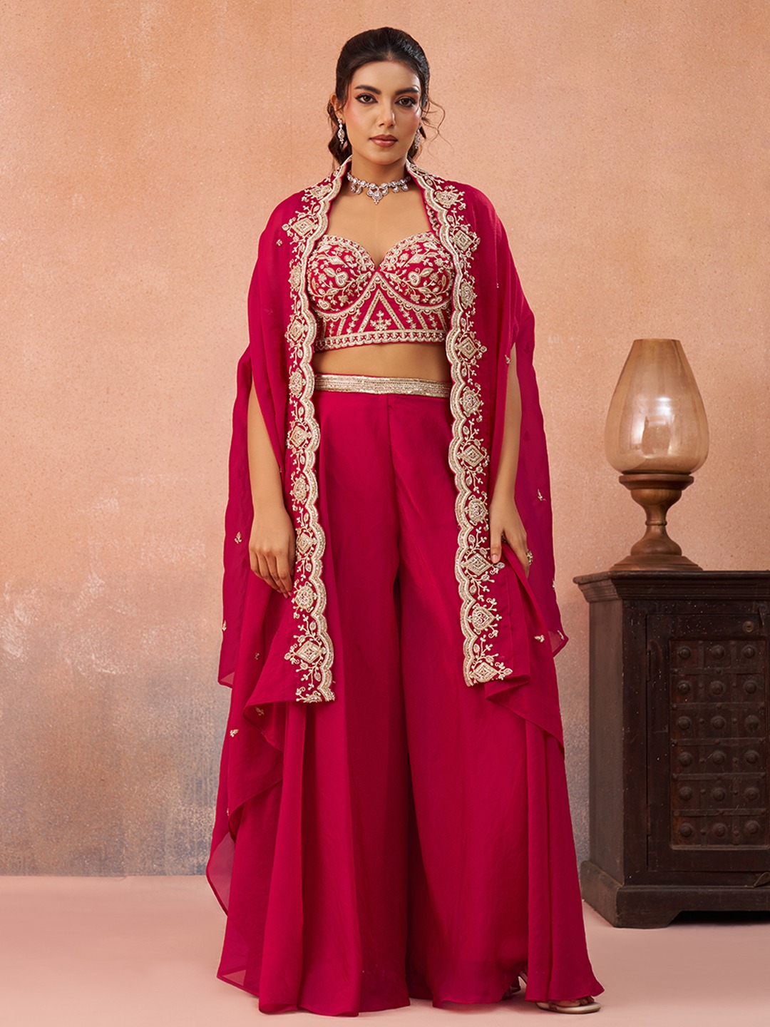 Pink Blush Layered Embroidered Organza Indo Western Set
