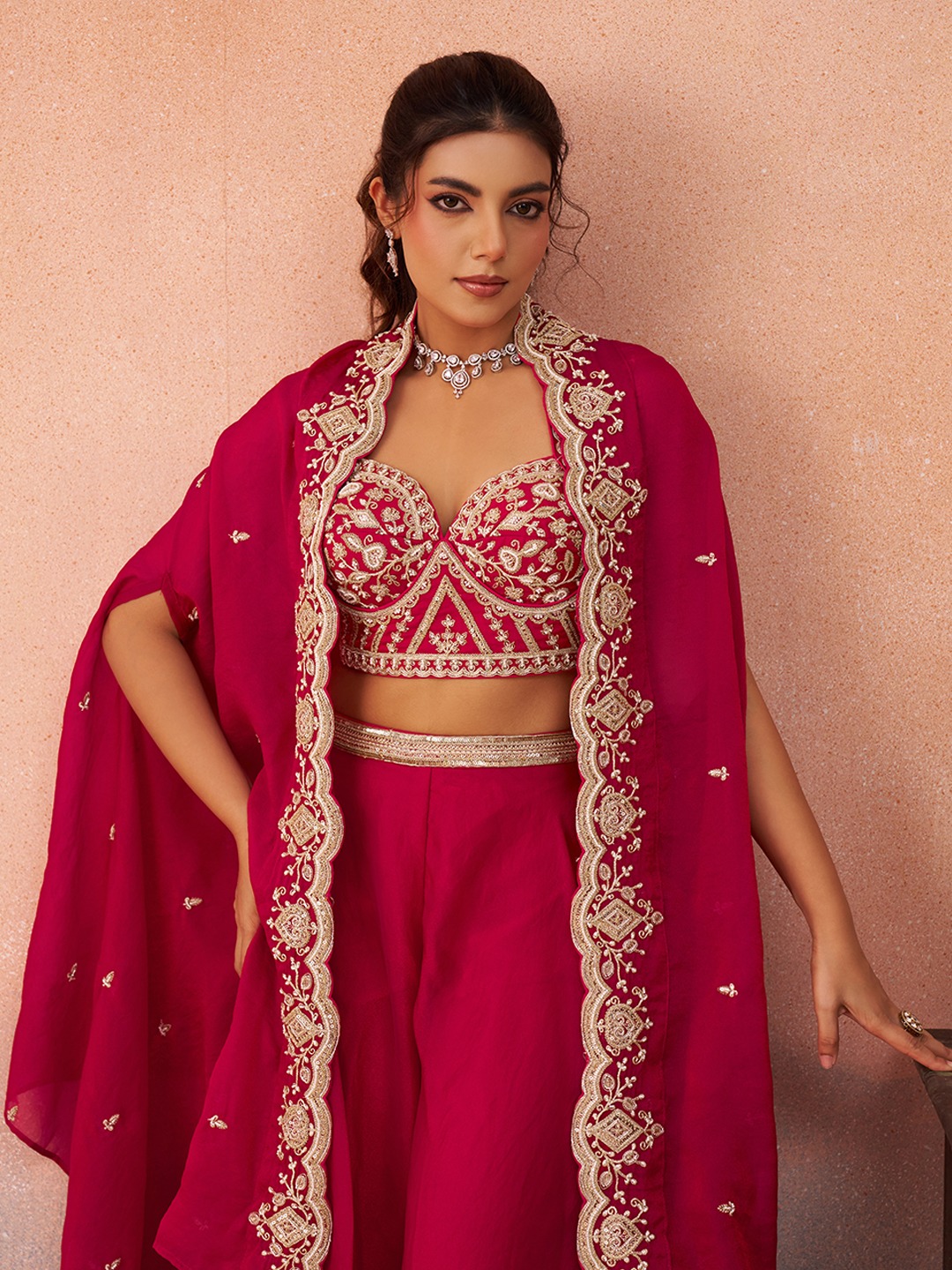 Pink Blush Layered Embroidered Organza Indo Western Set