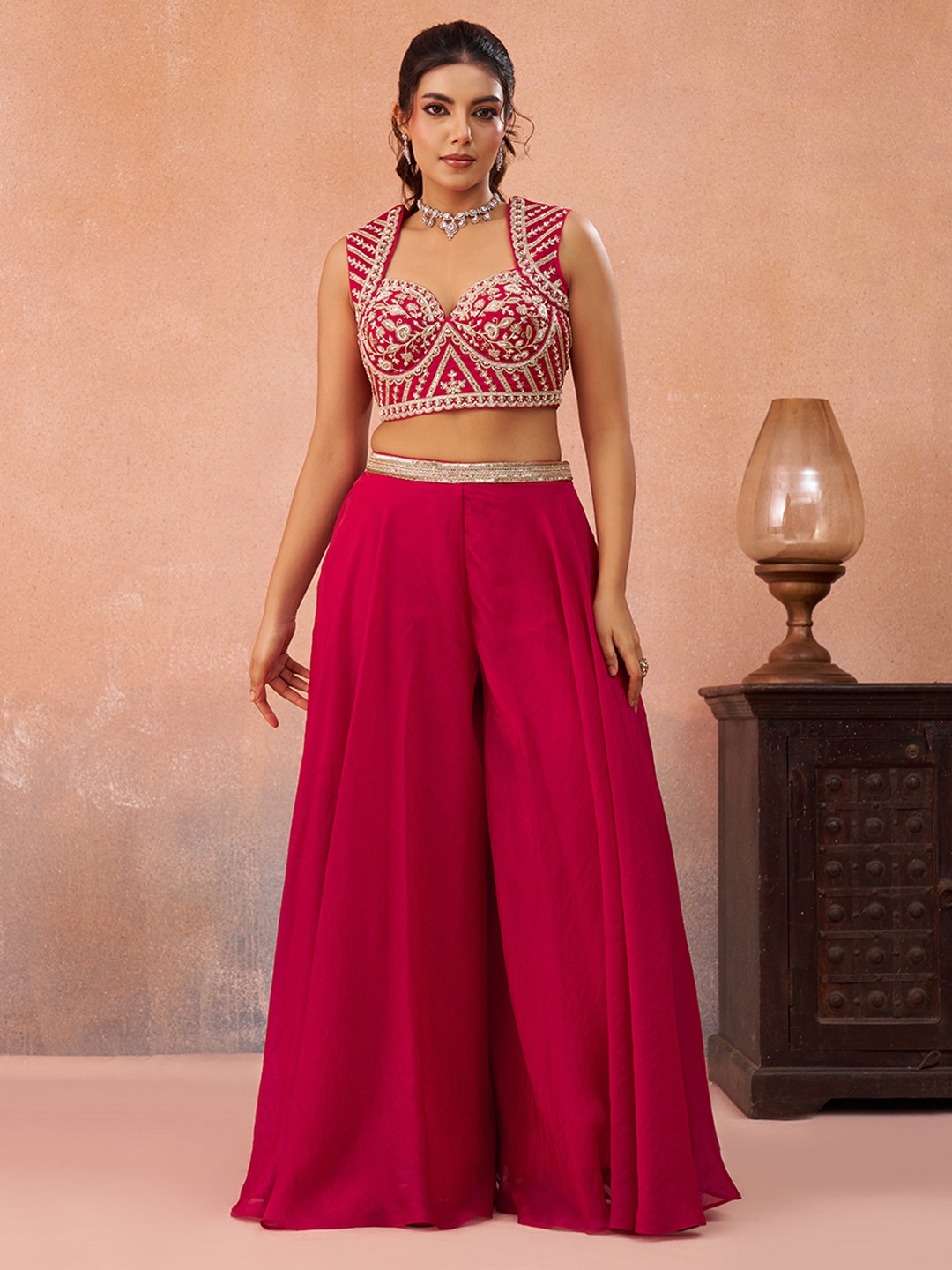 Pink Blush Layered Embroidered Organza Indo Western Set