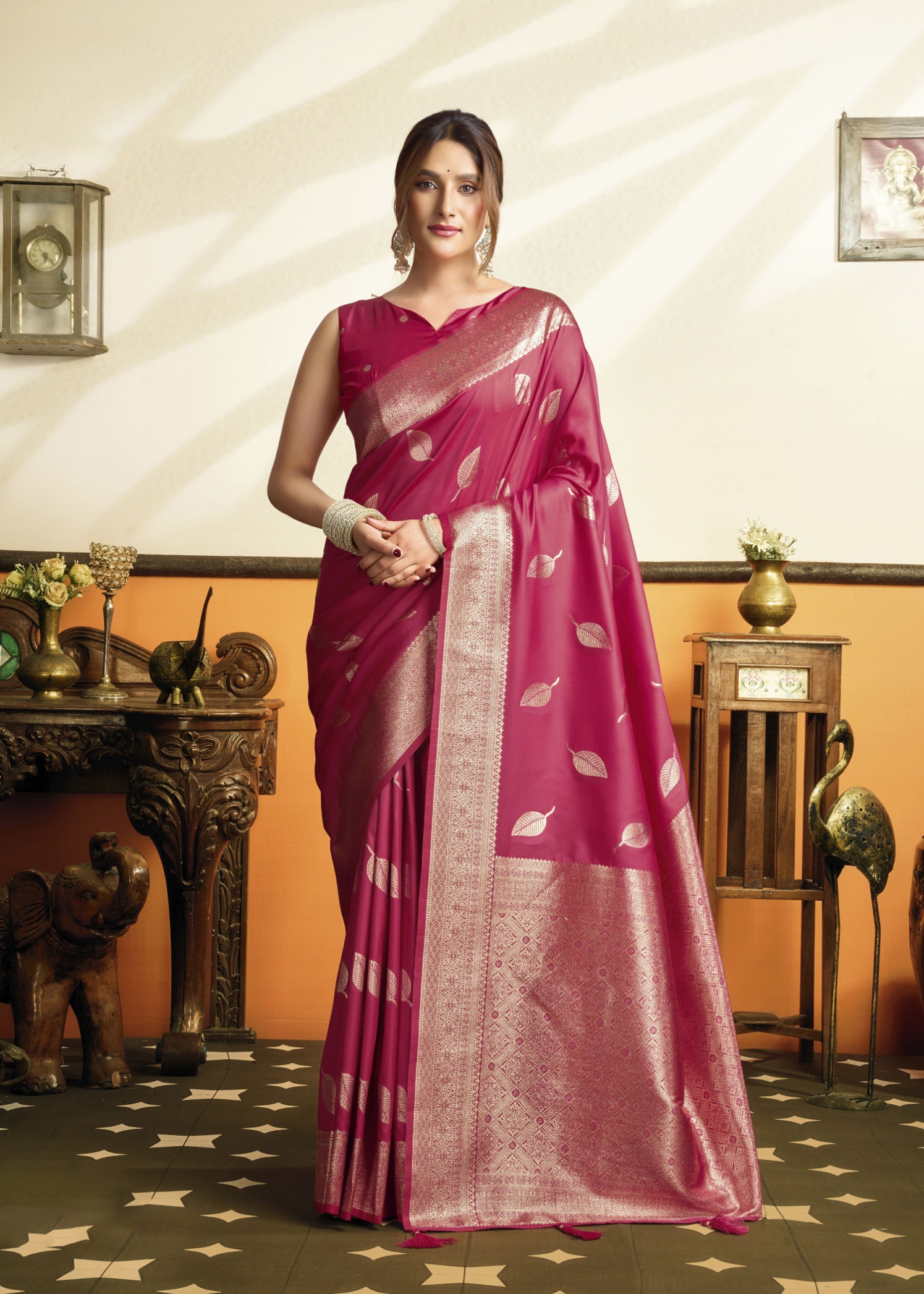 Pink Botanical Jacquard Soft Silk Saree