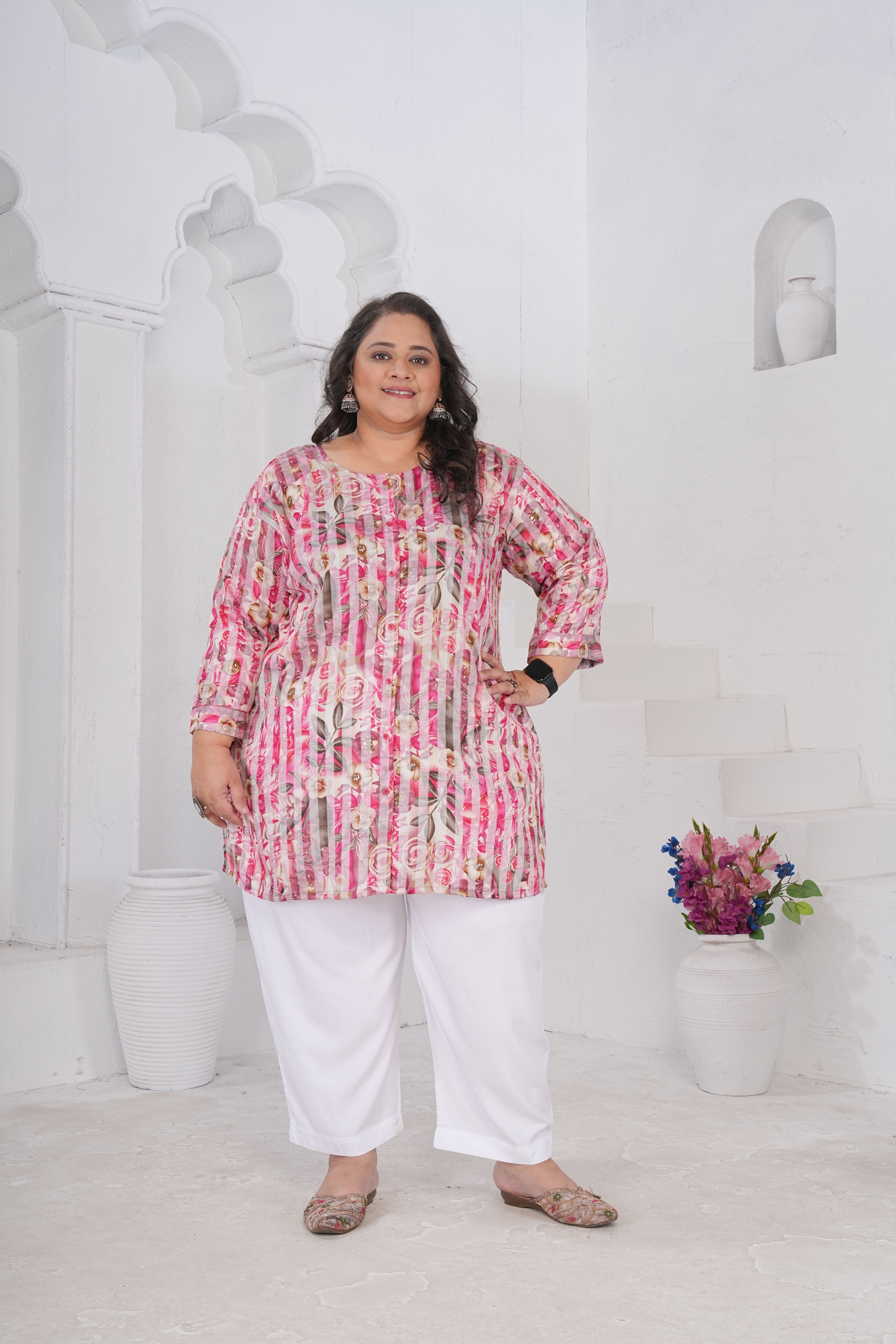Pink Botanical Rayon Slub Kurti