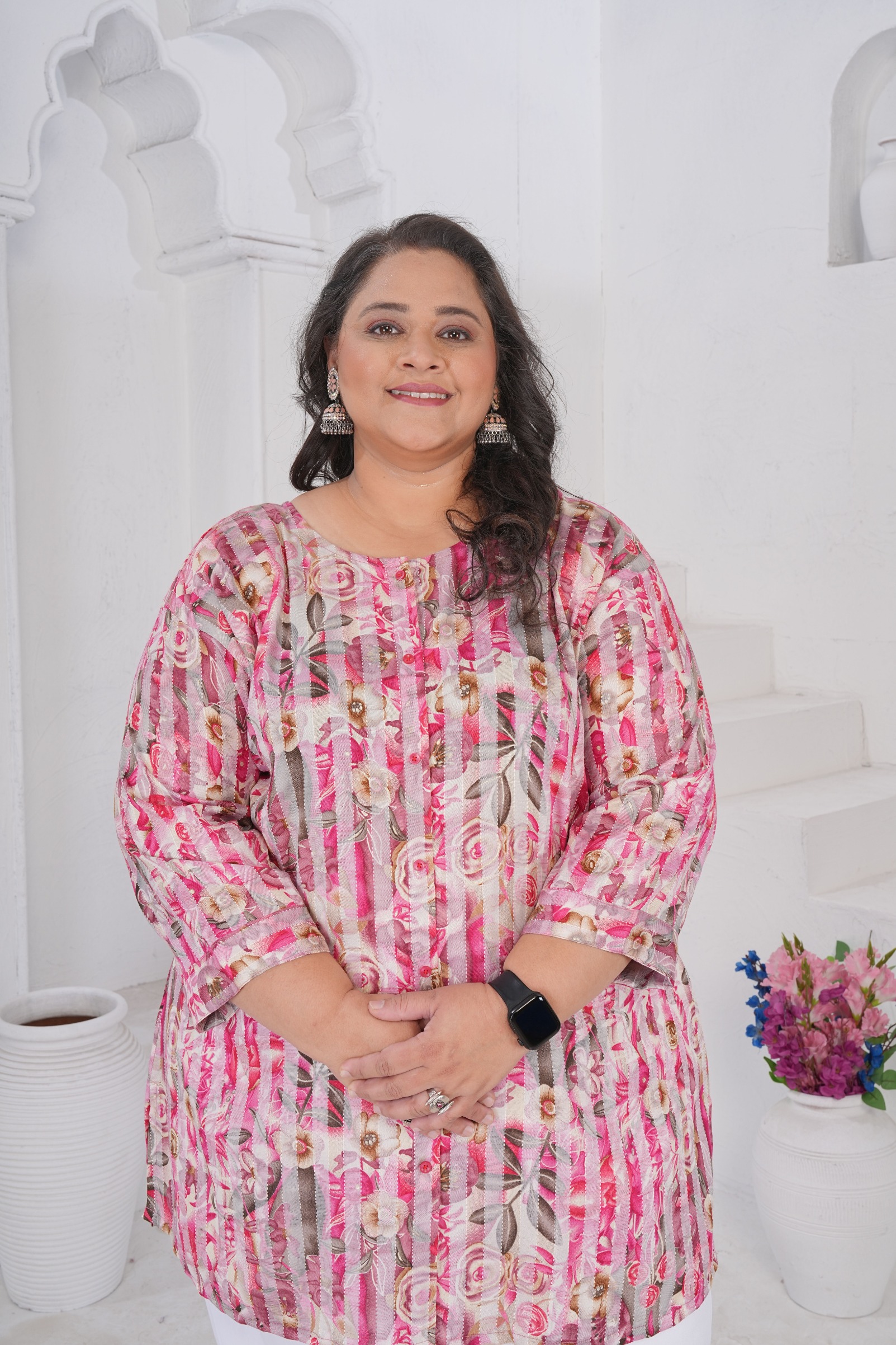 Pink Botanical Rayon Slub Kurti