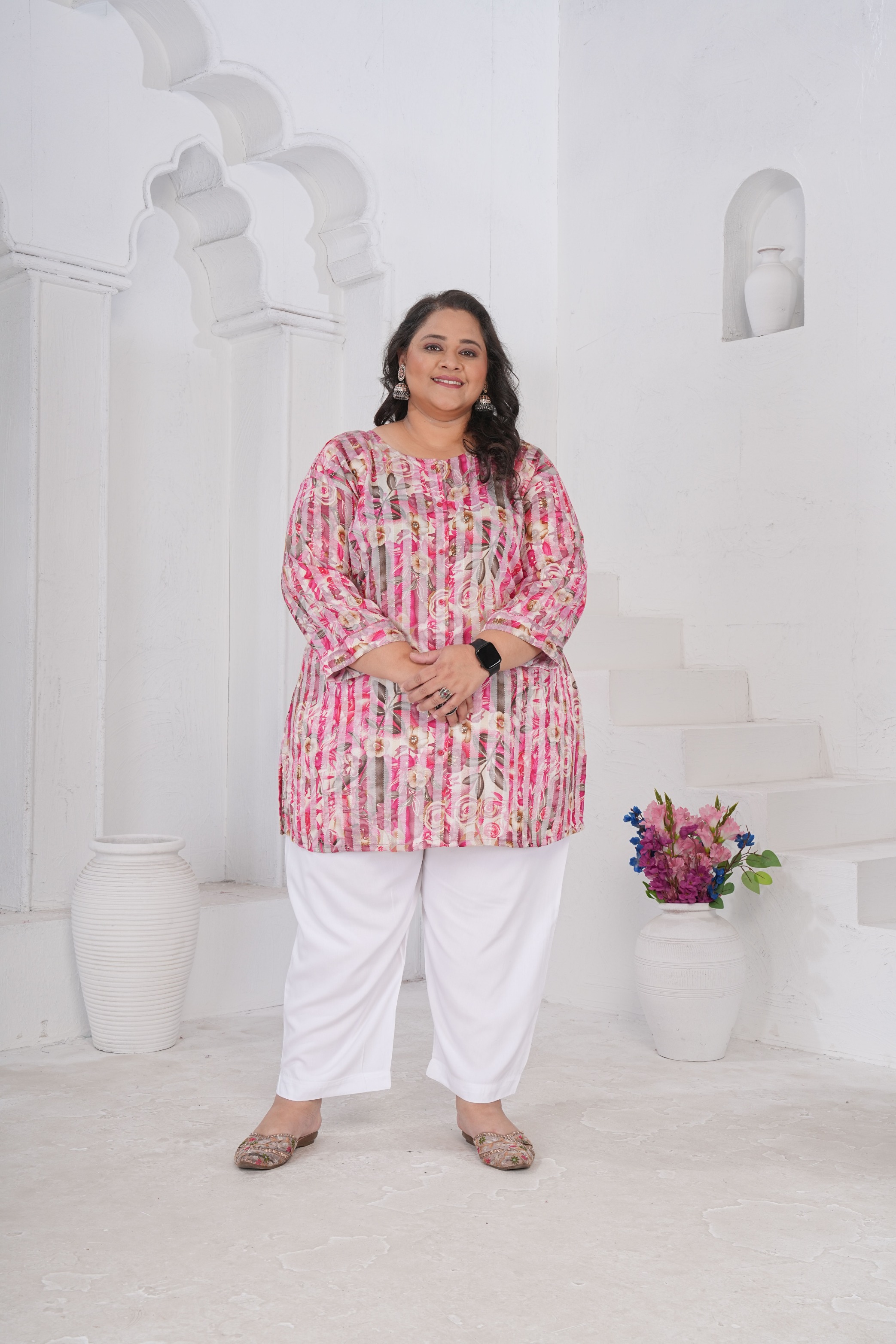 Pink Botanical Rayon Slub Kurti
