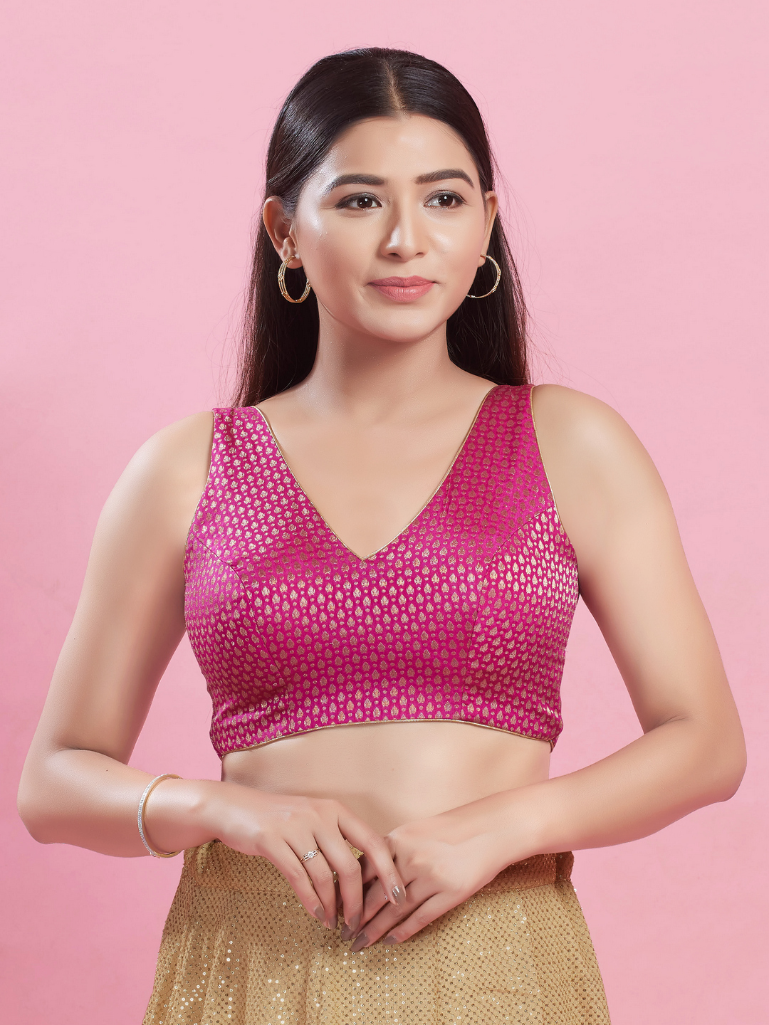 Pink Brocade Sleeveless Zari Woven Blouse