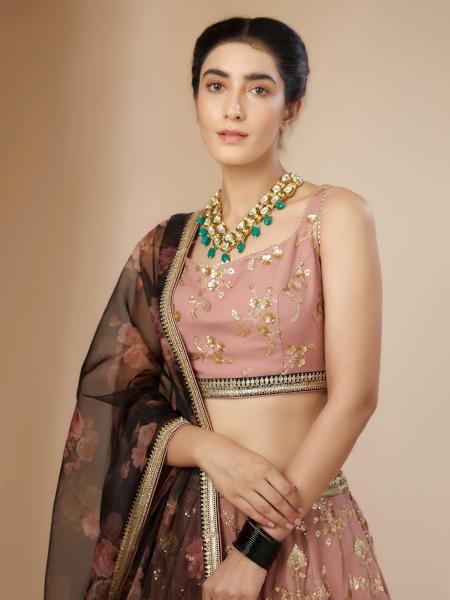 Pink-Brown Georgette Lehenga Choli