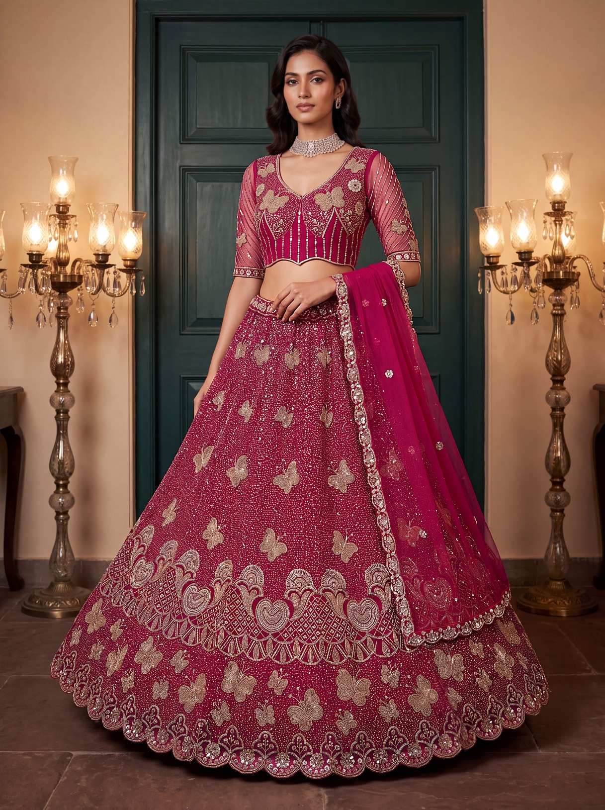 Pink Butterfly Embroidered Net Flared Lehenga Choli