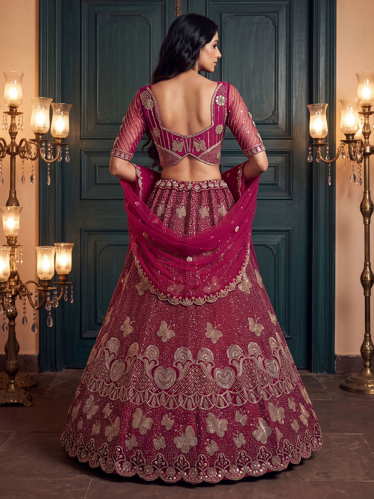Pink Butterfly Embroidered Net Flared Lehenga Choli — alternate view