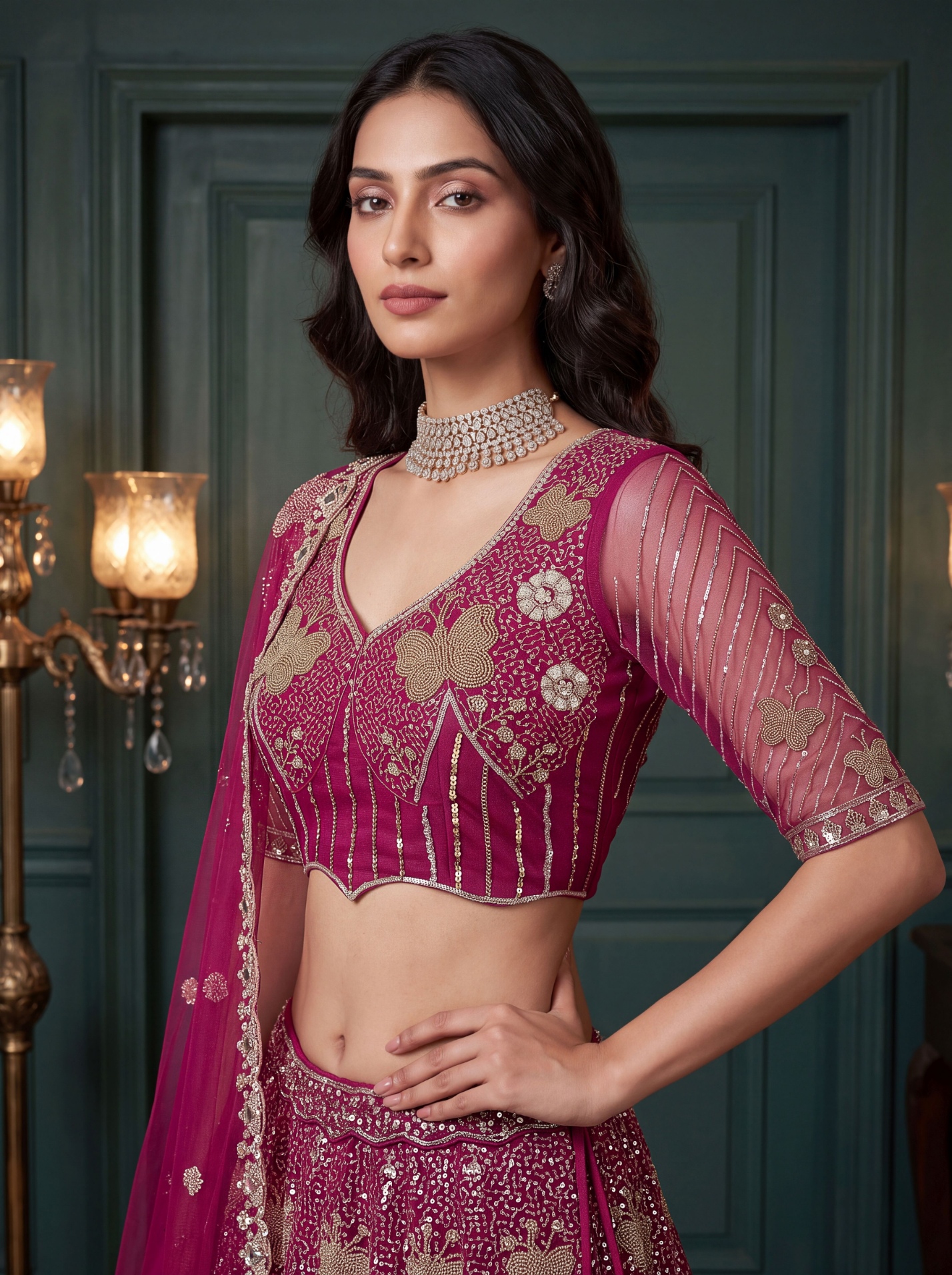 Pink Butterfly Embroidered Net Flared Lehenga Choli