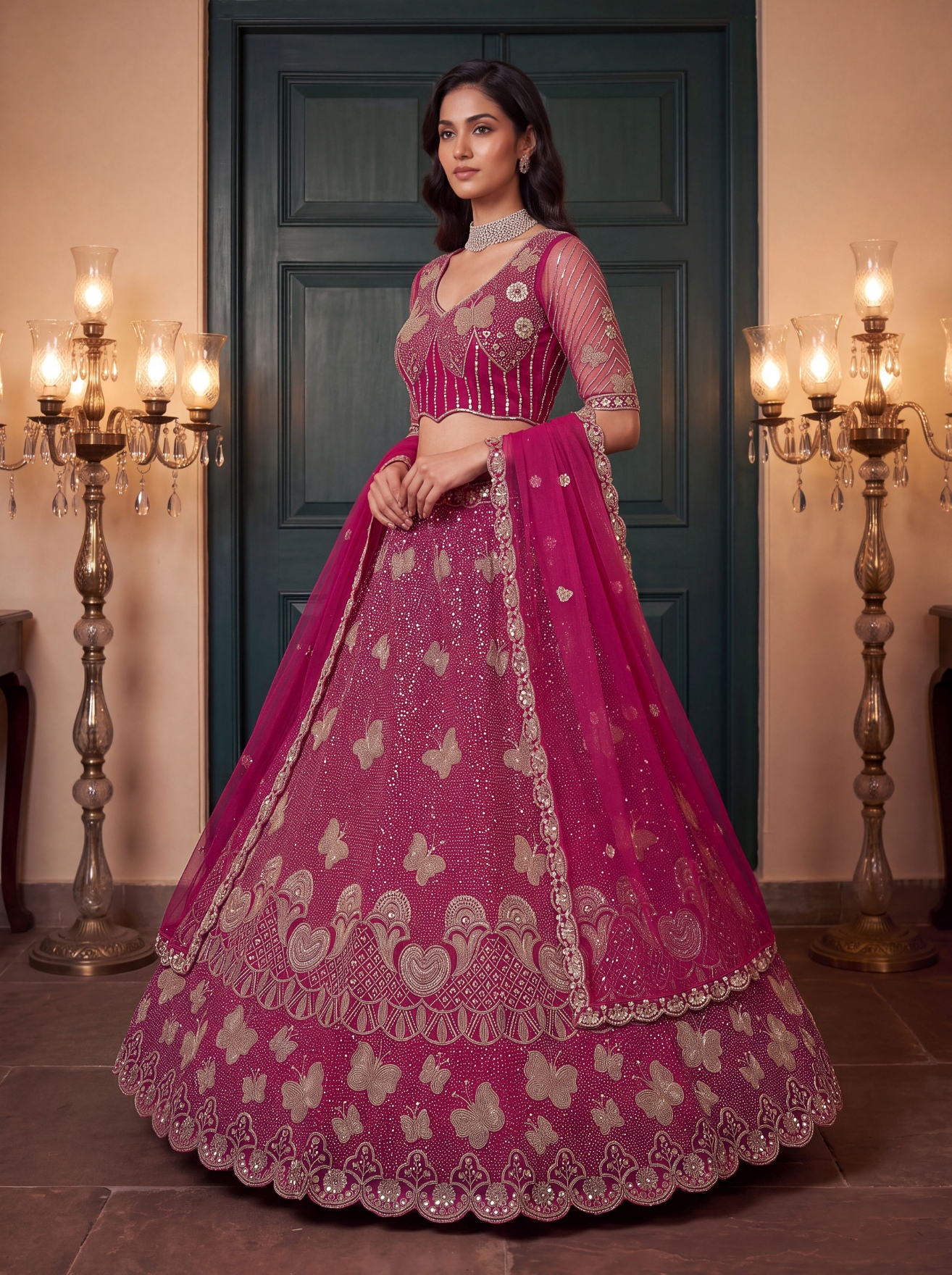 Pink Butterfly Embroidered Net Flared Lehenga Choli