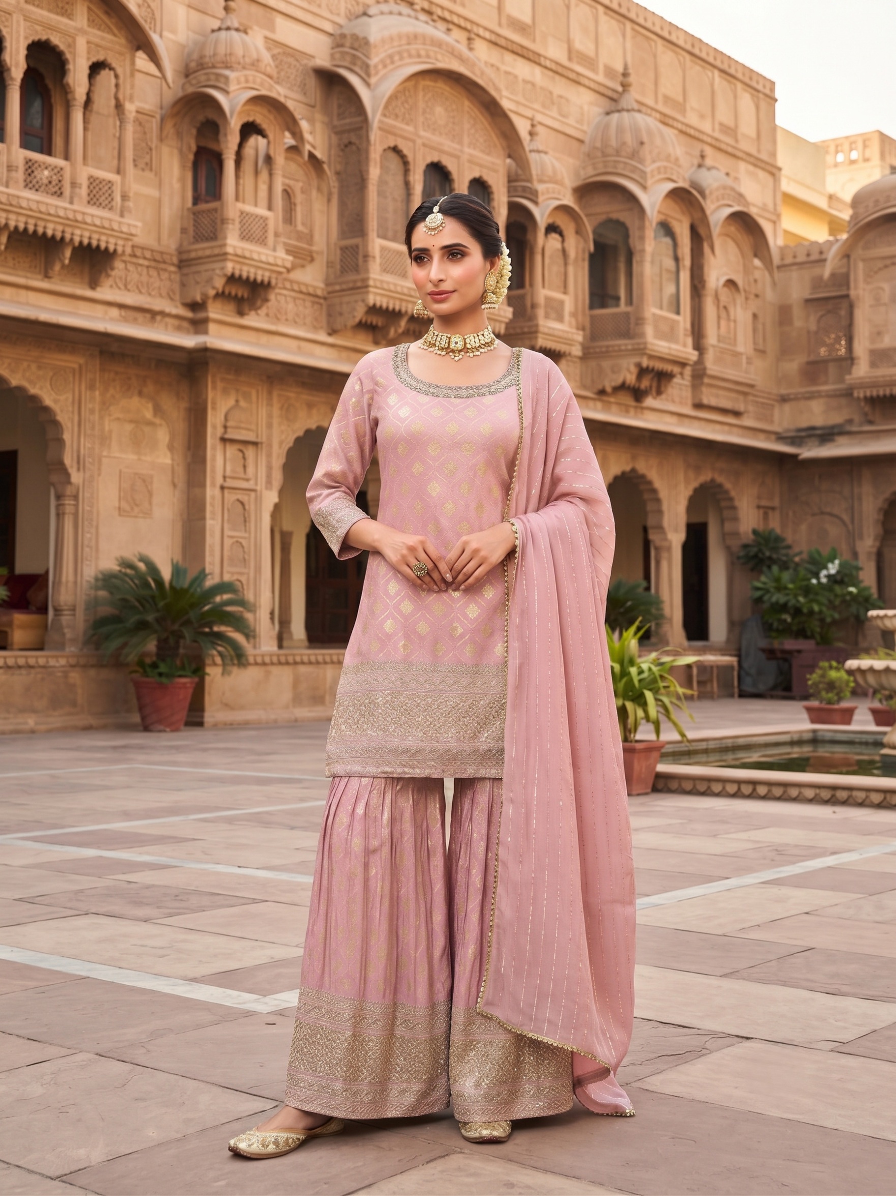 Pink Butti Embroidered Viscose Palazzo Suit