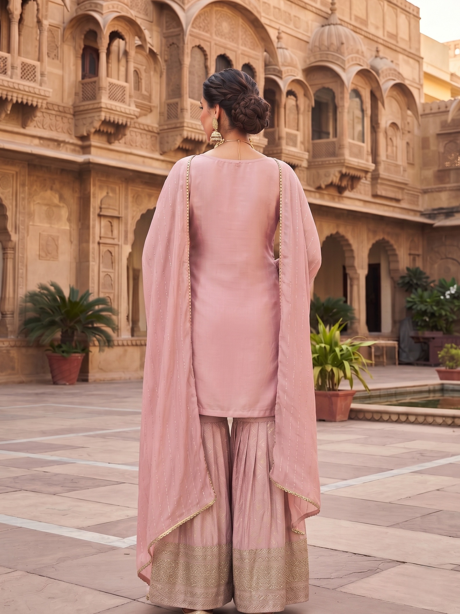 Pink Butti Embroidered Viscose Palazzo Suit — alternate view