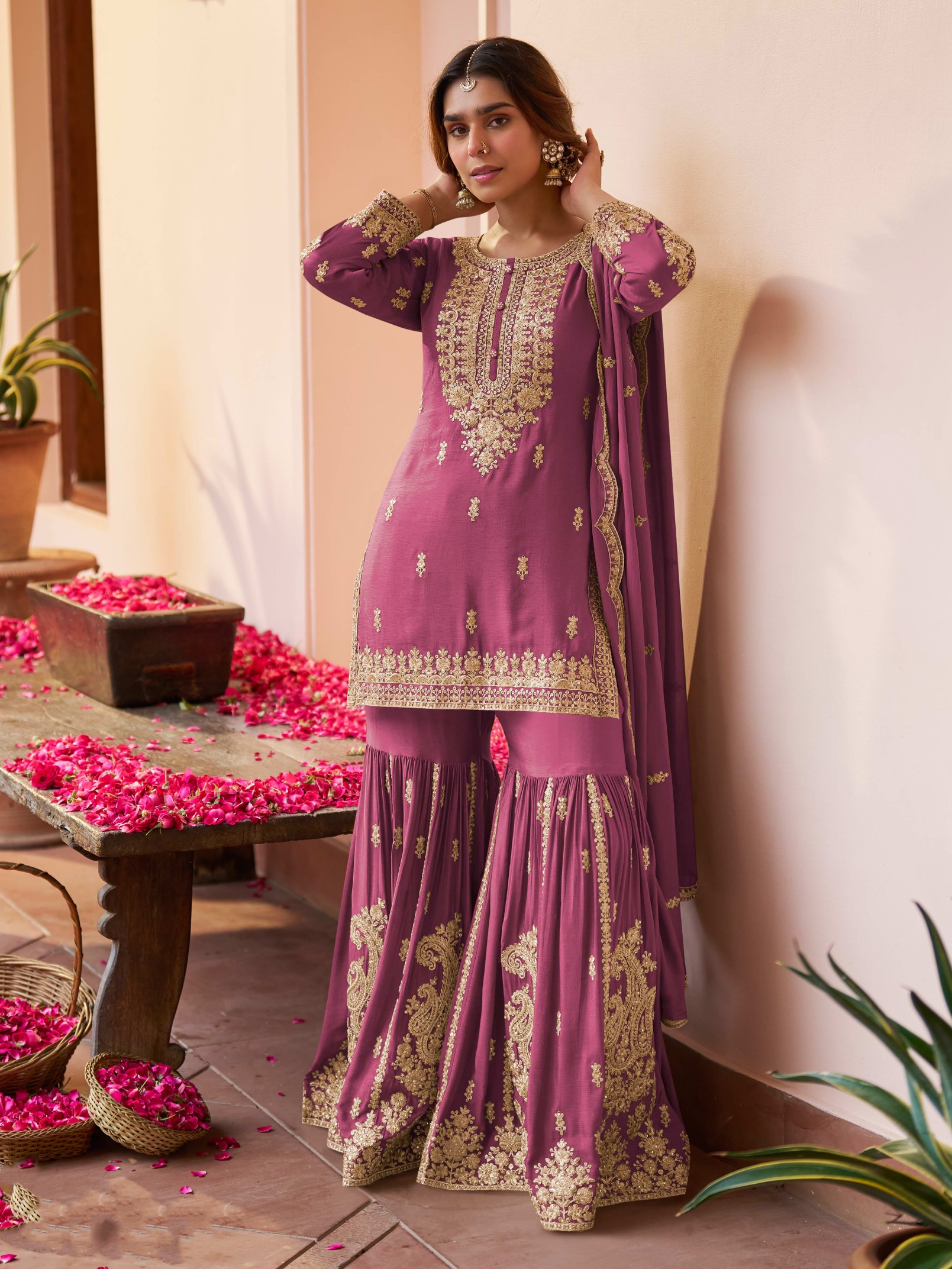 Pink Butti Embroidery Chinon Sharara Suit
