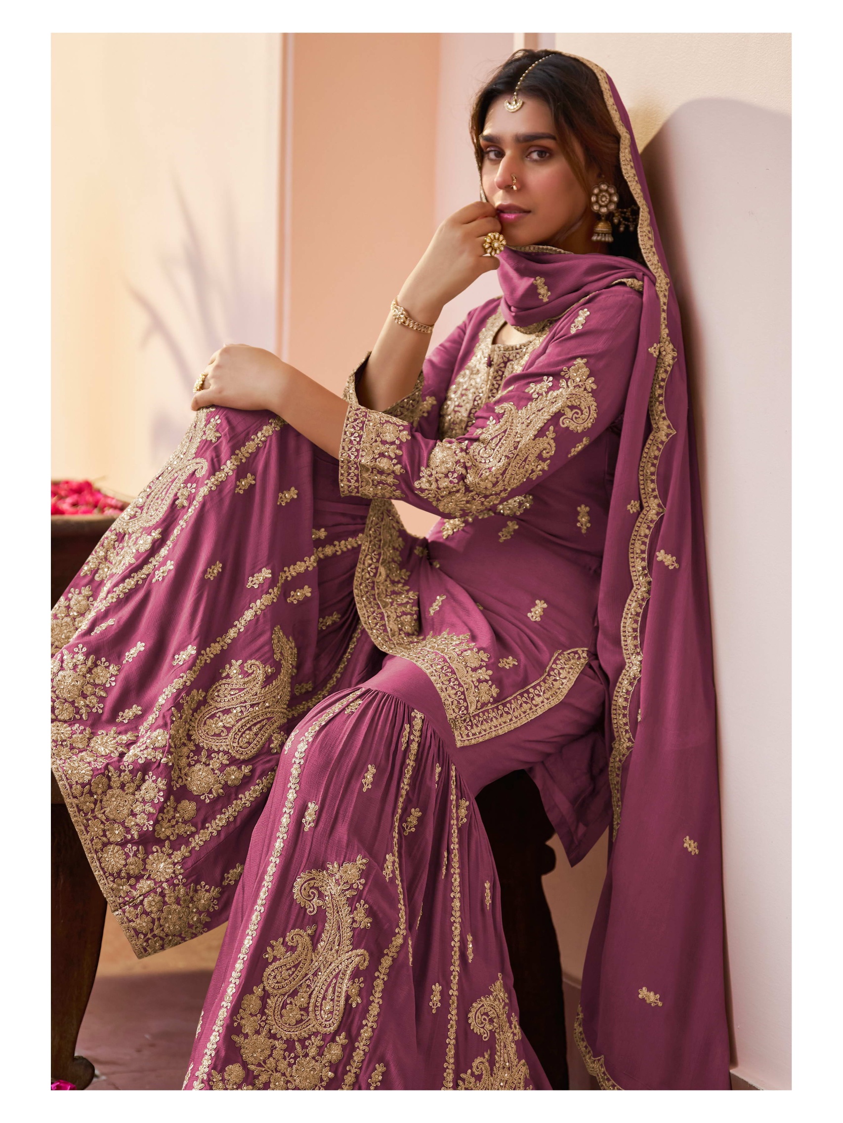 Pink Butti Embroidery Chinon Sharara Suit — alternate view