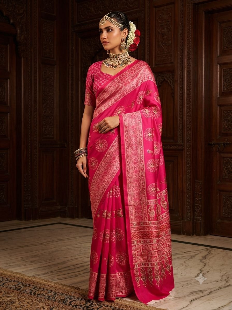 Pink Butti Printed Crepe Silk Saree