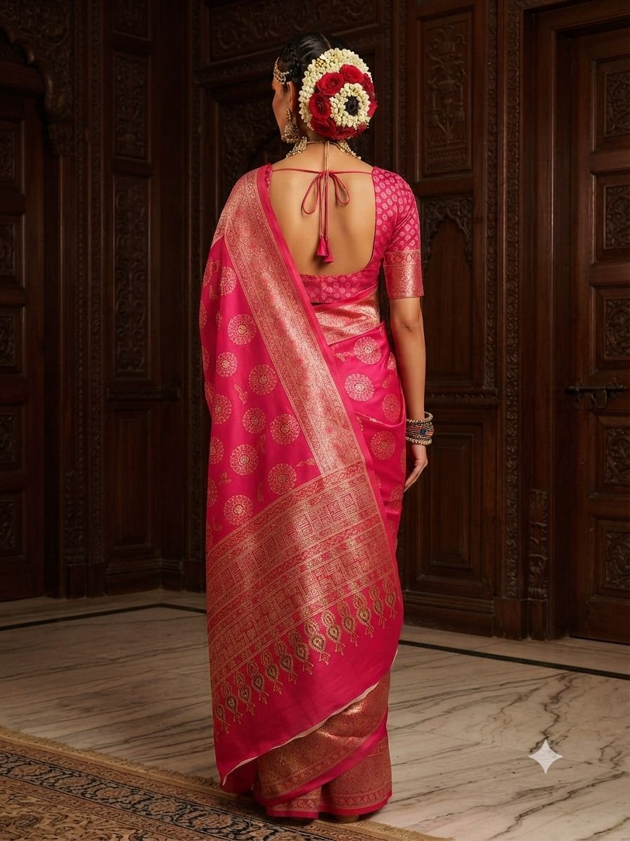 Pink Butti Printed Crepe Silk Saree — alternate view