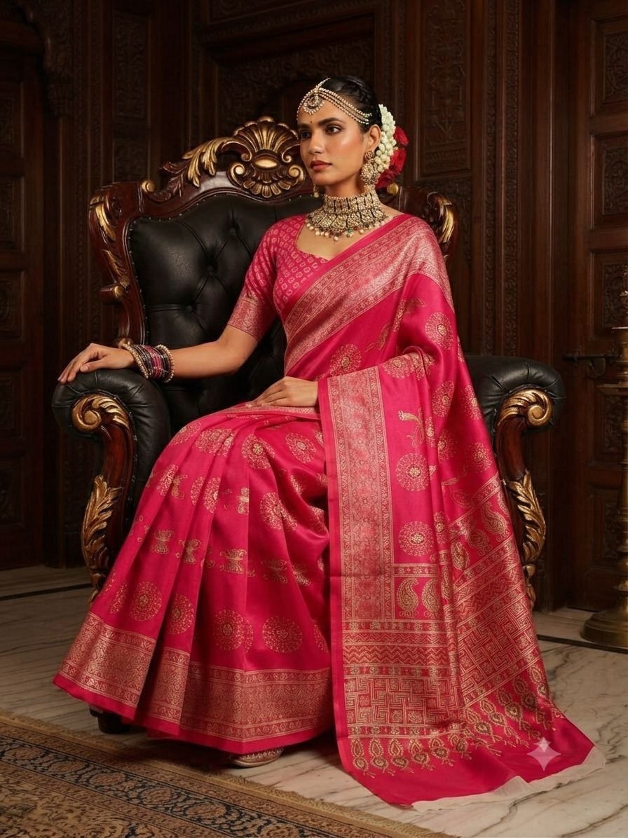 Pink Butti Printed Crepe Silk Saree