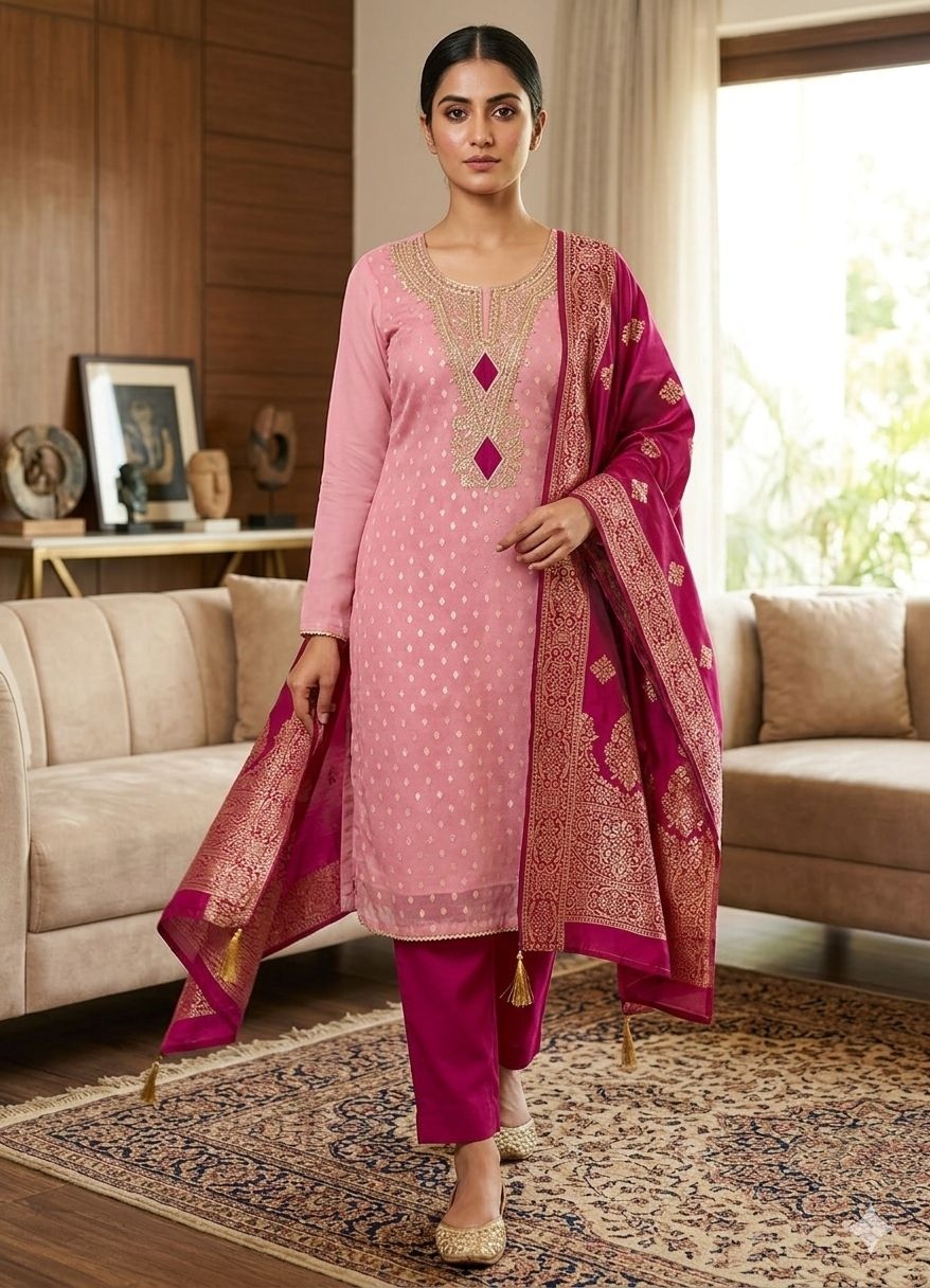 Pink Butti Woven Shimmer Salwar Suit