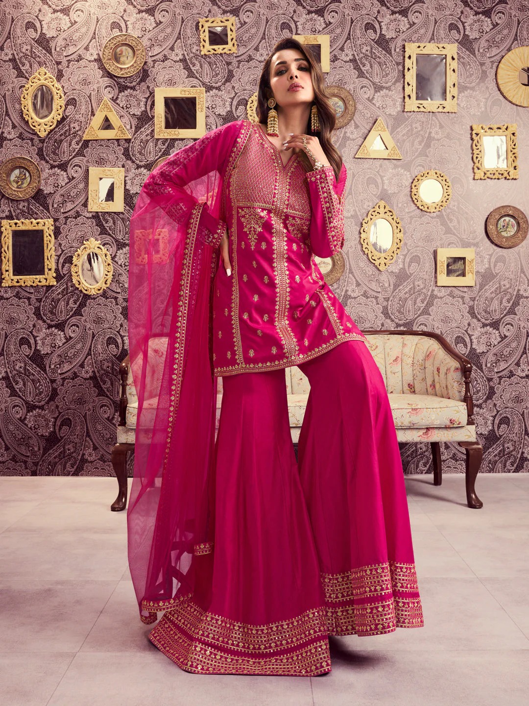 Pink Chanderi Designer Embroidered Readymade Suit Set
