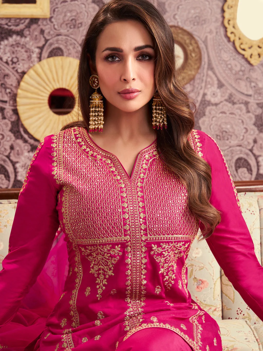 Pink Chanderi Designer Embroidered Readymade Suit Set