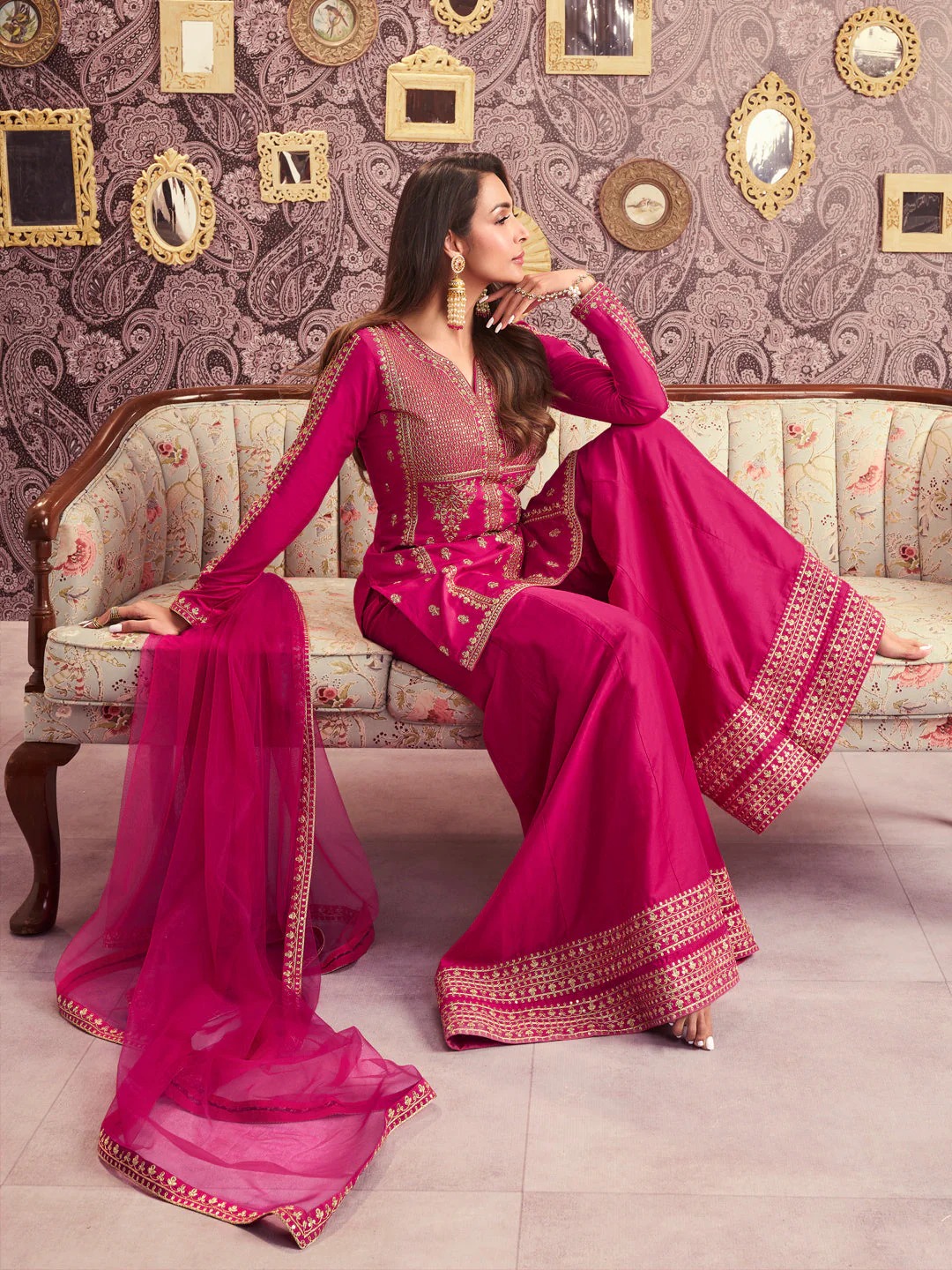 Pink Chanderi Designer Embroidered Readymade Suit Set