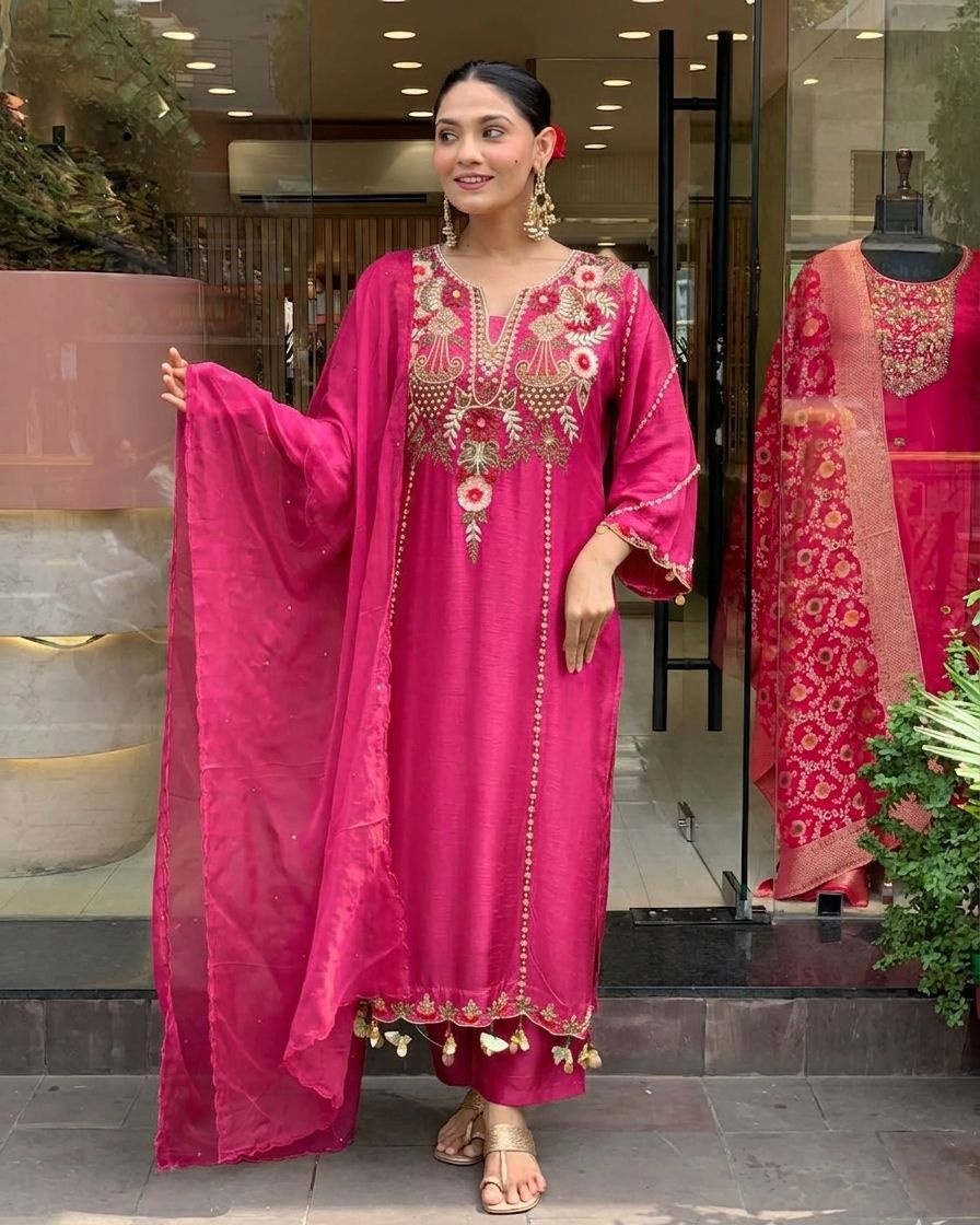 Pink Chanderi EmbroidePink Kurta Set