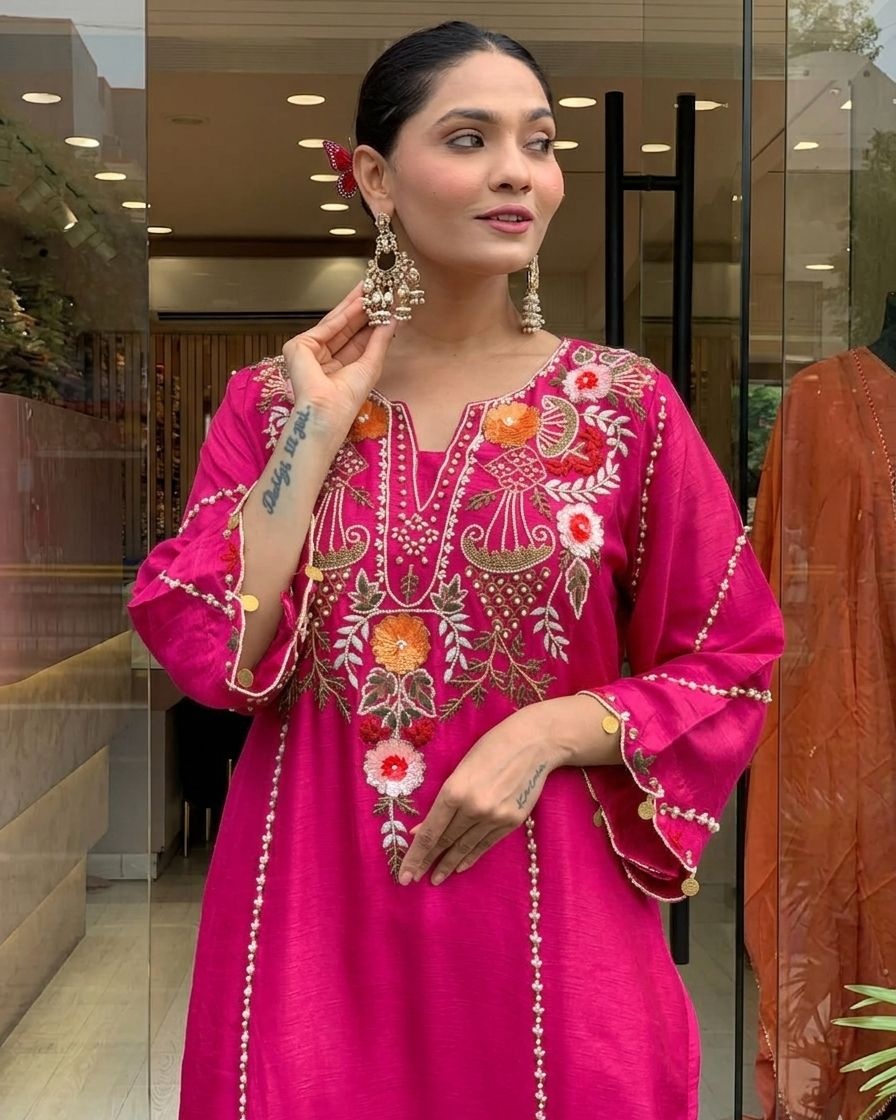 Pink Chanderi EmbroidePink Kurta Set