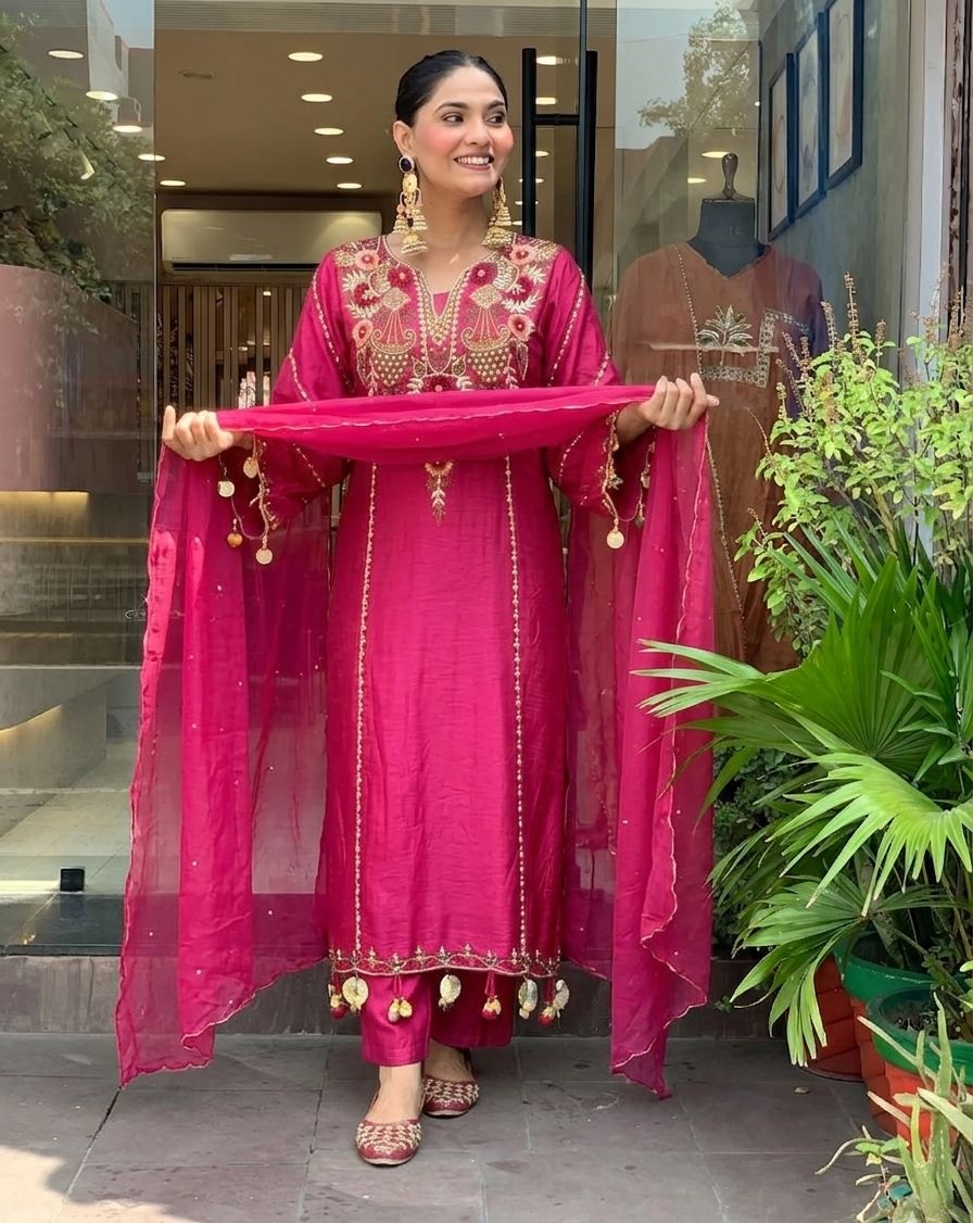 Pink Chanderi EmbroidePink Kurta Set