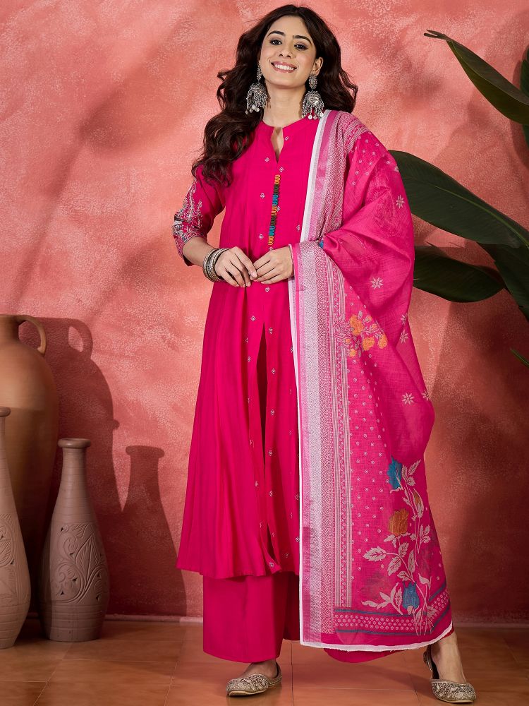 Pink Chanderi Silk Embroidered Palazzo Suit