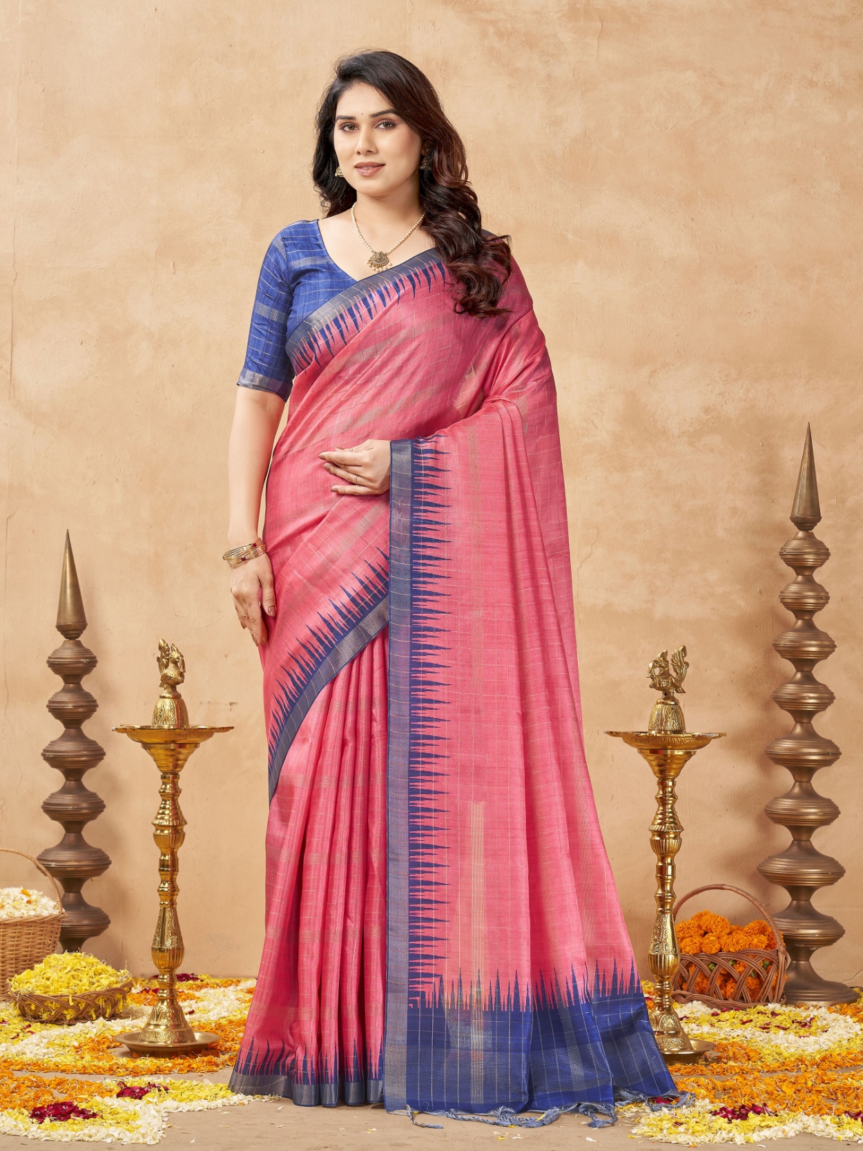 Pink Checked Weaving Zari Tussar Silk Saree