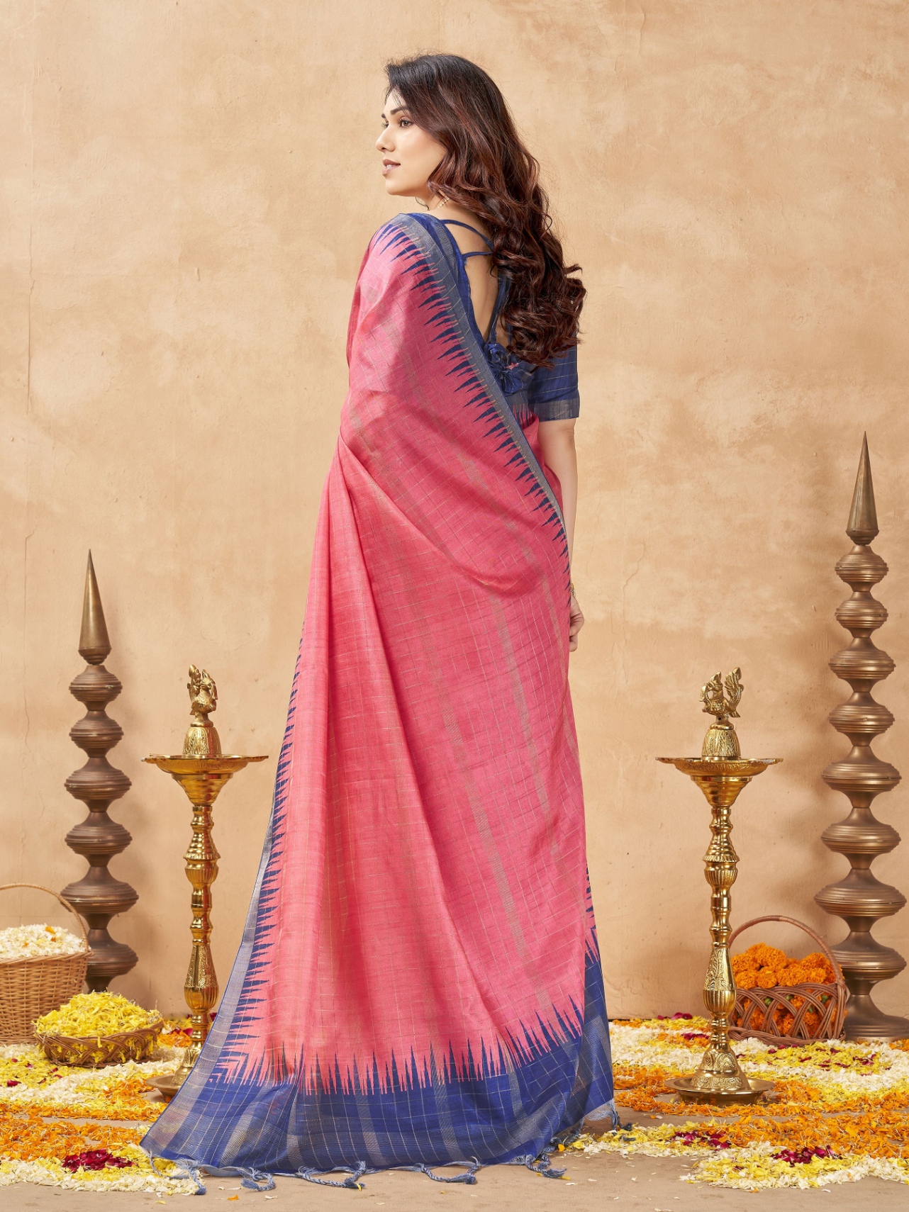 Pink Checked Weaving Zari Tussar Silk Saree — alternate view