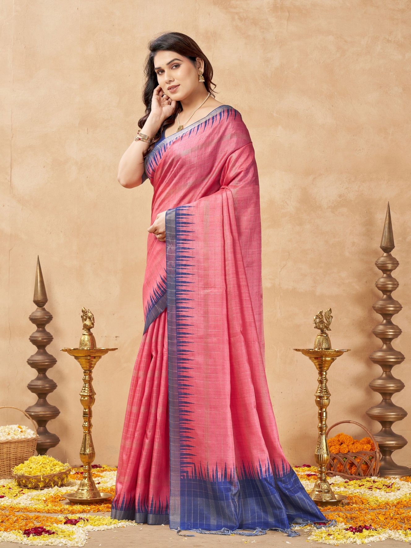 Pink Checked Weaving Zari Tussar Silk Saree