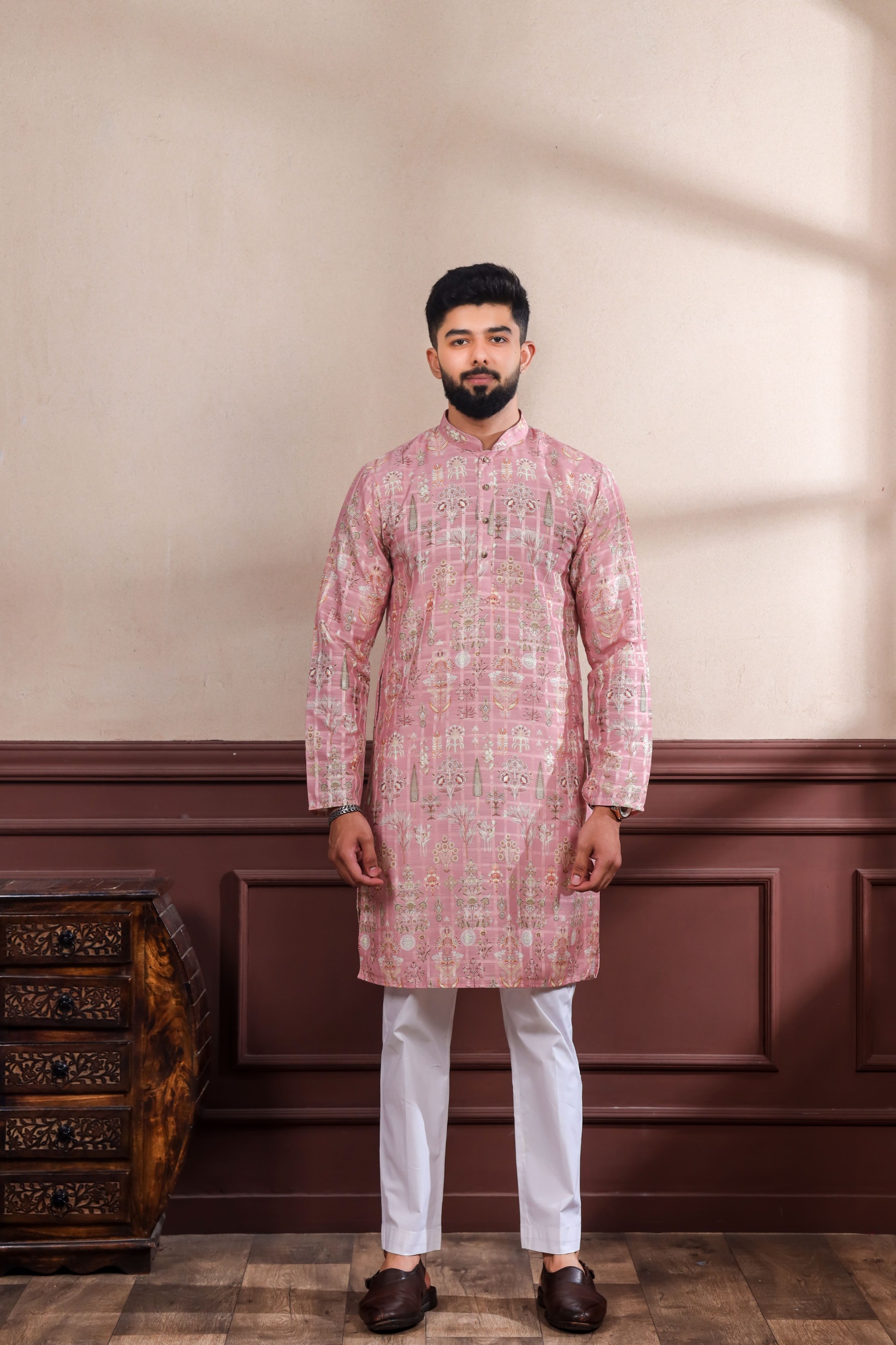 Pink Checks Printed Cotton Kurta Pyjama