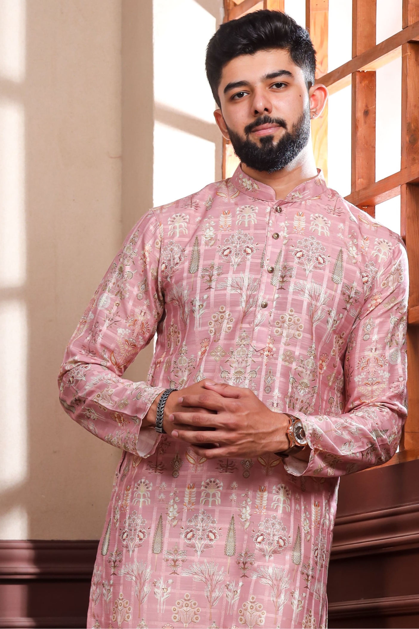 Pink Checks Printed Cotton Kurta Pyjama