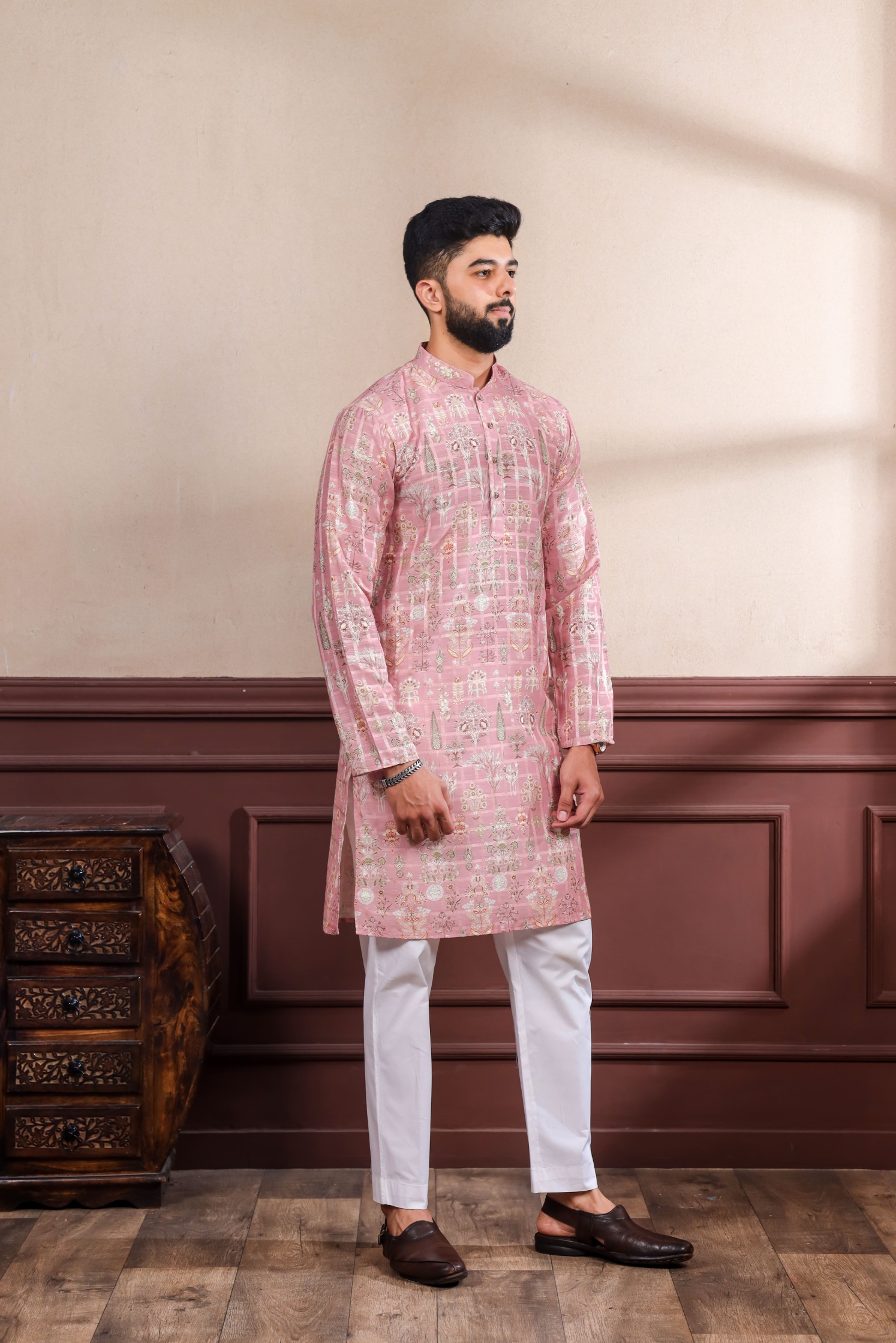 Pink Checks Printed Cotton Kurta Pyjama